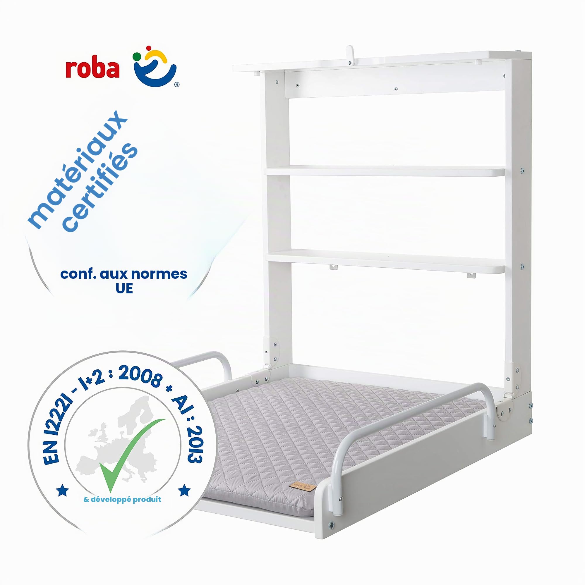 roba Table à Langer Murale Rabattable "roba Style" Gris Piqué avec Matelas Imperméable - Bois Laqué Blanc