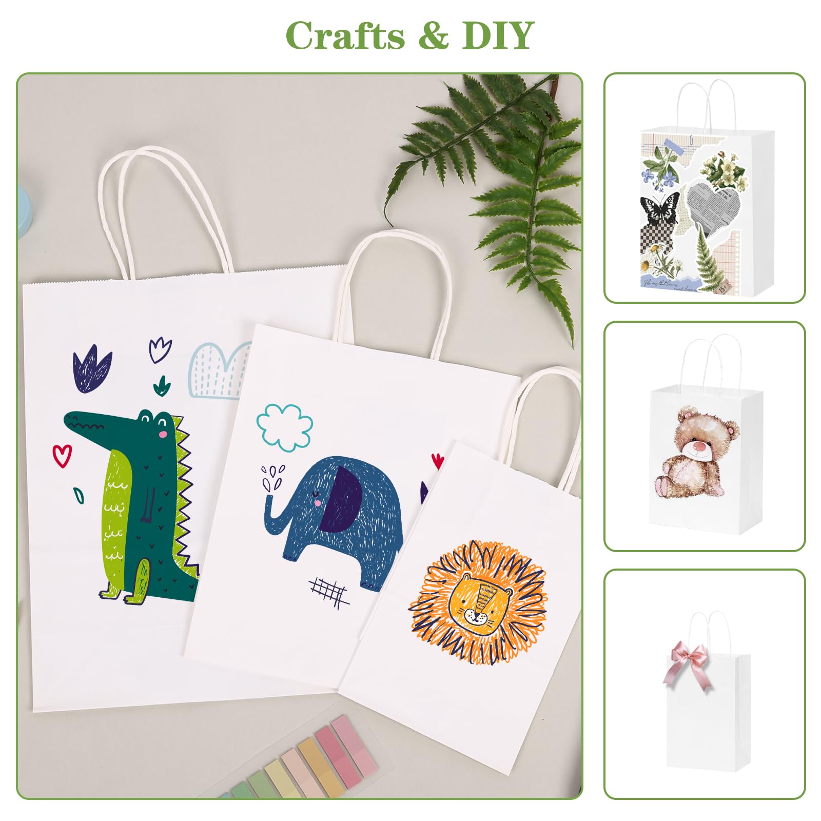 OUTUXED 120 bolsas de papel con asas de varios tamaños, bolsas de papel blanco kraft a granel, 3 tamaños mixtos, bolsas de regalo, bolsas de venta al por menor para fiestas, cumpleaños, compras,