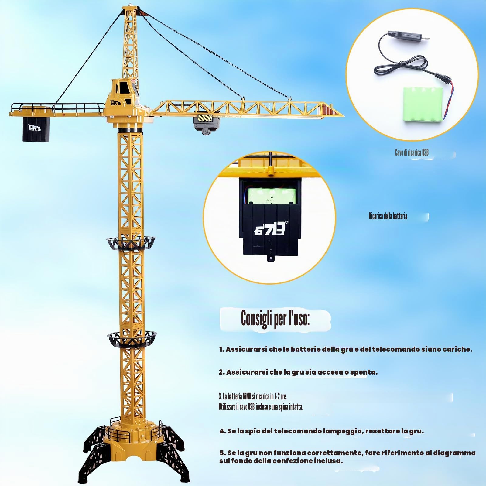 deAO Gru a Torre di Costruzione Telecomandata, Grande RC Gru 128 cm, 6 Canali di Radiocomando, Giocattolo Modello da Costruzione con Luci, Orientabile a 680° Rotazione, Regalo per Ragazzi