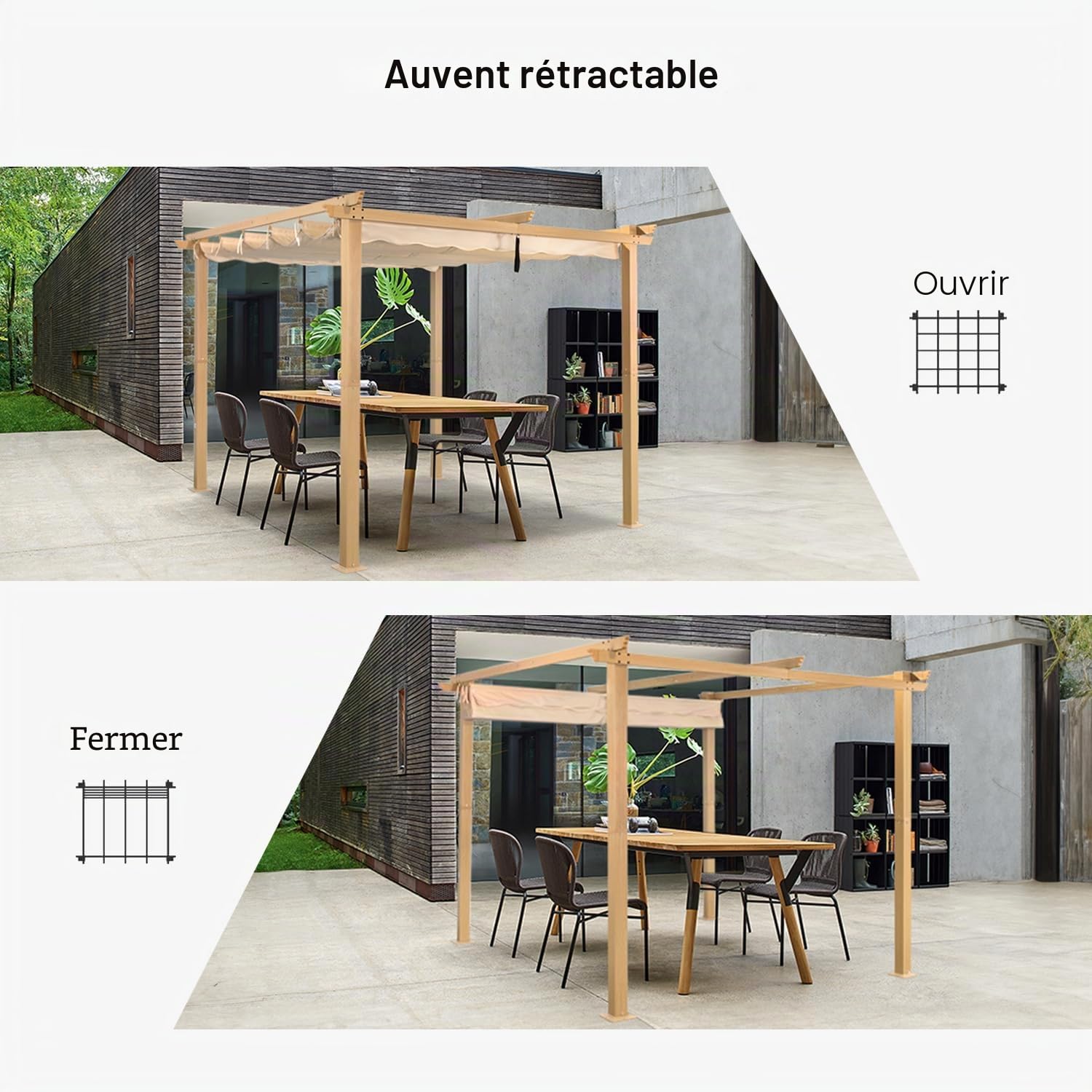 Angel Living 3 x 3 m Pergola en Aluminium, Coulissant rétractable, Tissu en Polyester de Haute densité, Hydrofuge et résistant aux Rayons UV, abri de Jardin pour Jardin, terrasse Beige