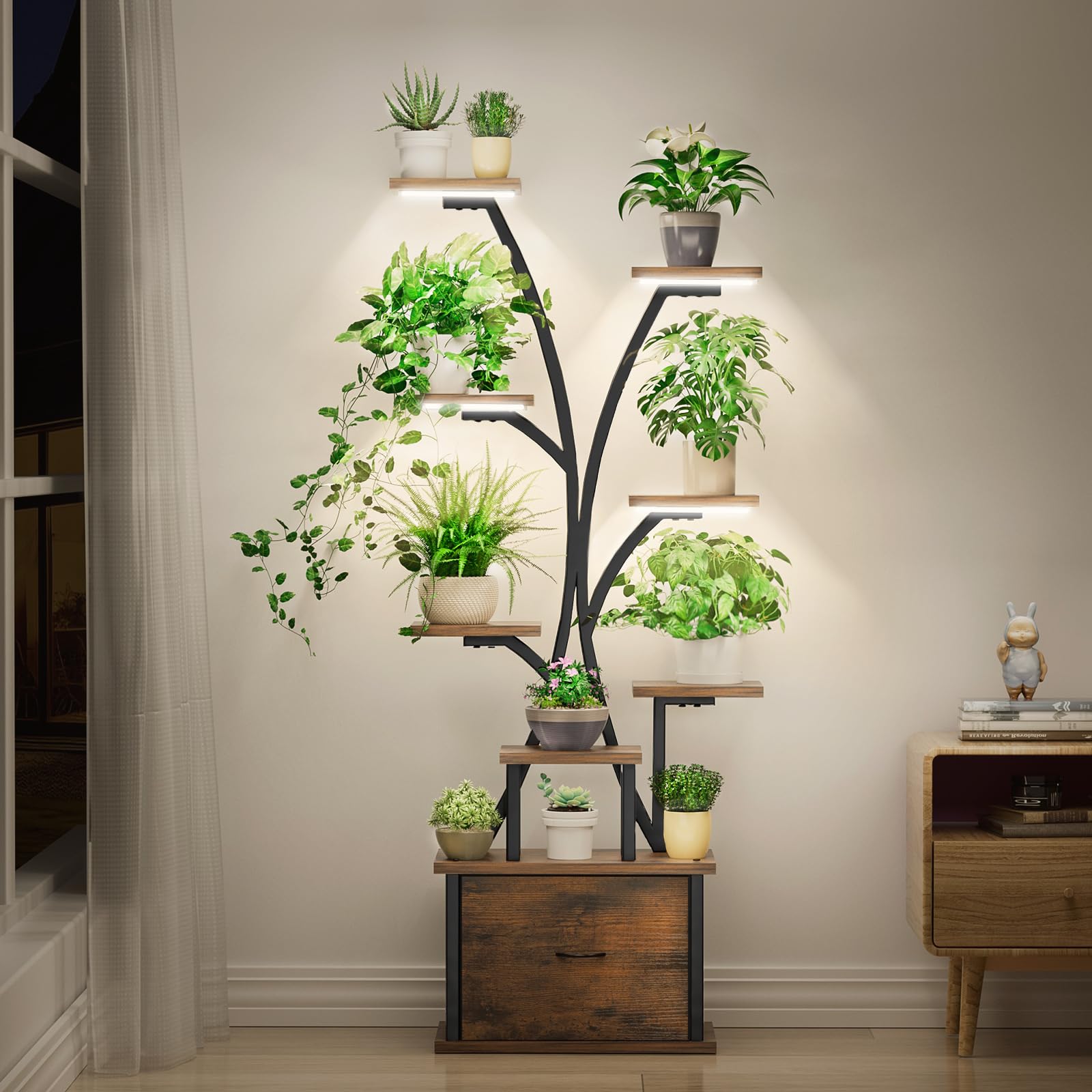 Pflanzenständer mit Wachstumslicht - 9 Ebenen Blumenständer Metall Holz mit Schublade, 165cm Hoher Blumenregal für den Innenbereich, Pflanzenregal mit Licht für Drinnen, Garten und Balkon