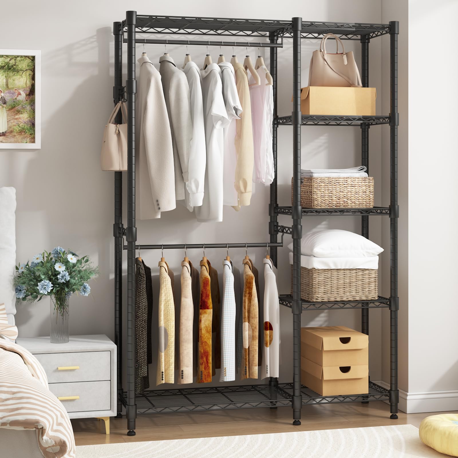 Himimi Appendiabiti stabile, aperto con doppio appendiabiti e 5 ripiani regolabili in altezza, in metallo, per camera da letto, corridoio, 114 x 44 x 195 cm, nero