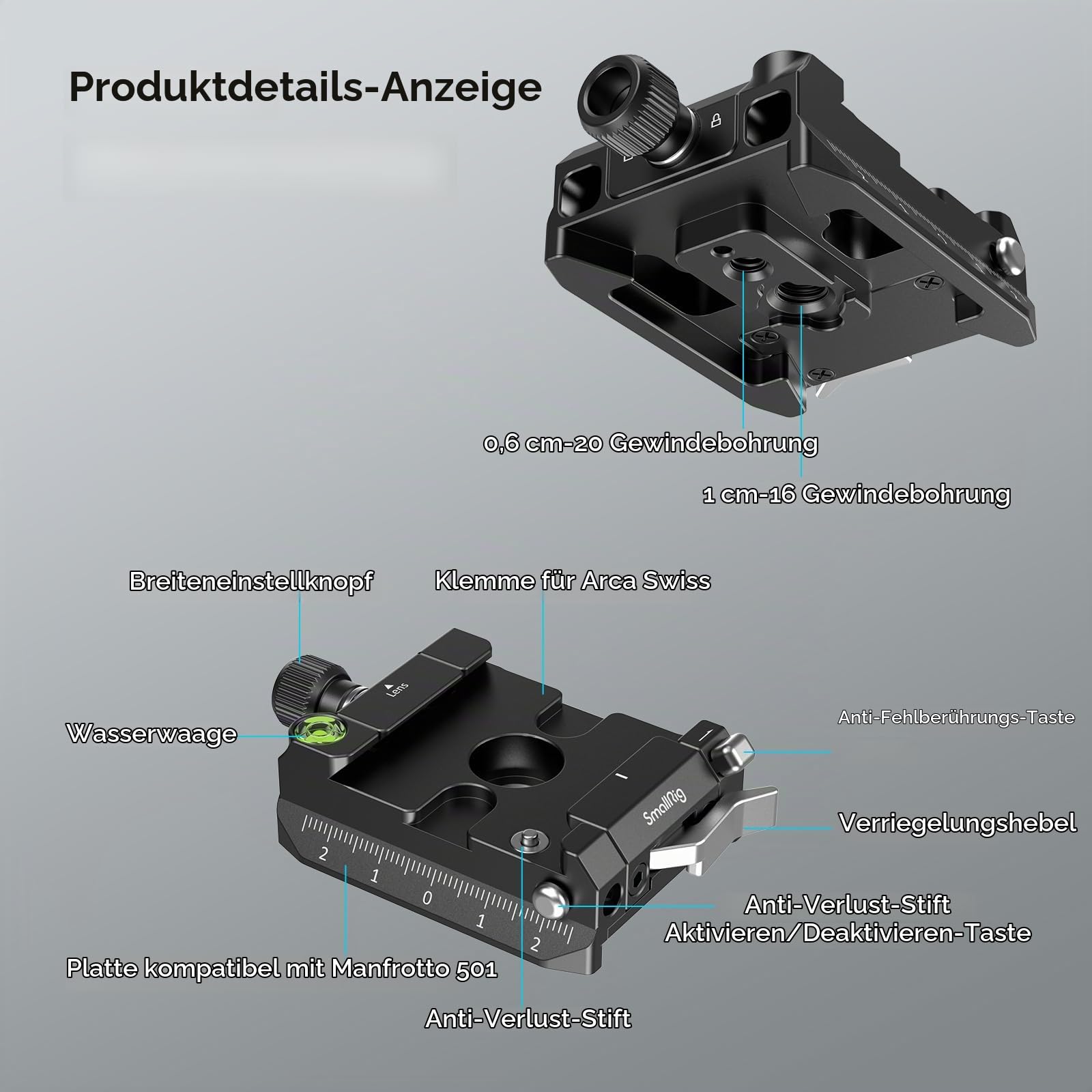 SMALLRIG Schnellwechselplatte und Klemme für Arca-Swiss Standard, mit Bottom Platte für MFT 501PL Standard, kompatibel mit DJI RS Serie Gimbal – 4234