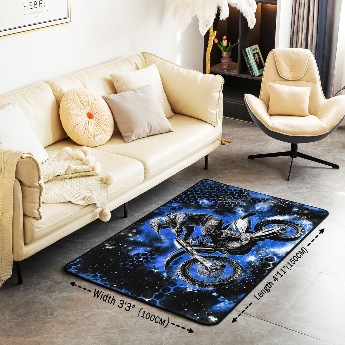 Motocross Wohnzimmer Teppich 150x200cm Extreme Sports Racing Dirt Bike Spiel Schlafzimmerbereich Teppich für Jungen Mädchen Geometrische Honeycomb Motorrad Sechseck Bodenmatte Heimdekor