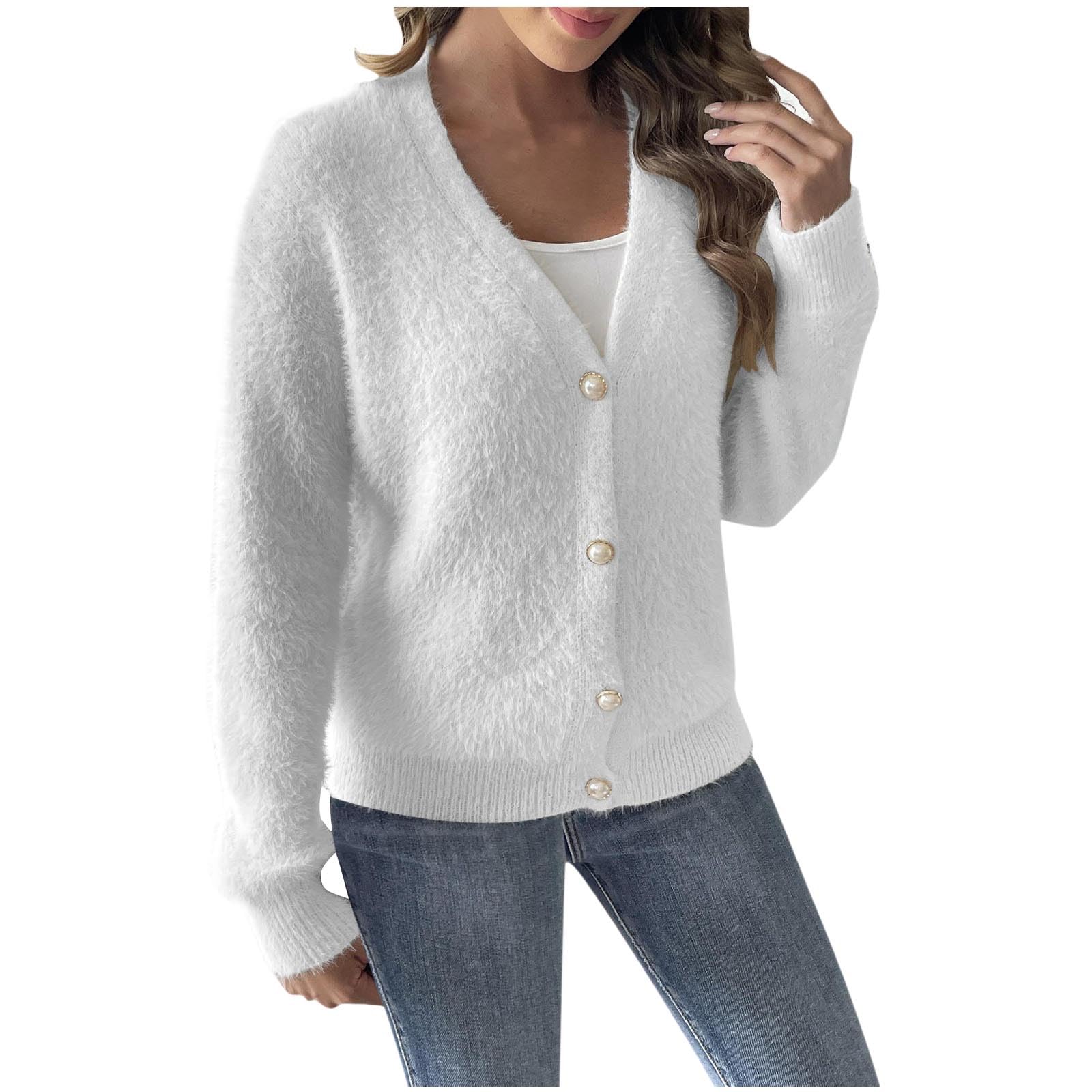 Womens Oversized Fuzzy Knit Cardigan Open Front Long Sleeve V Neck Button Down Loose Casual Sweater Outerwear