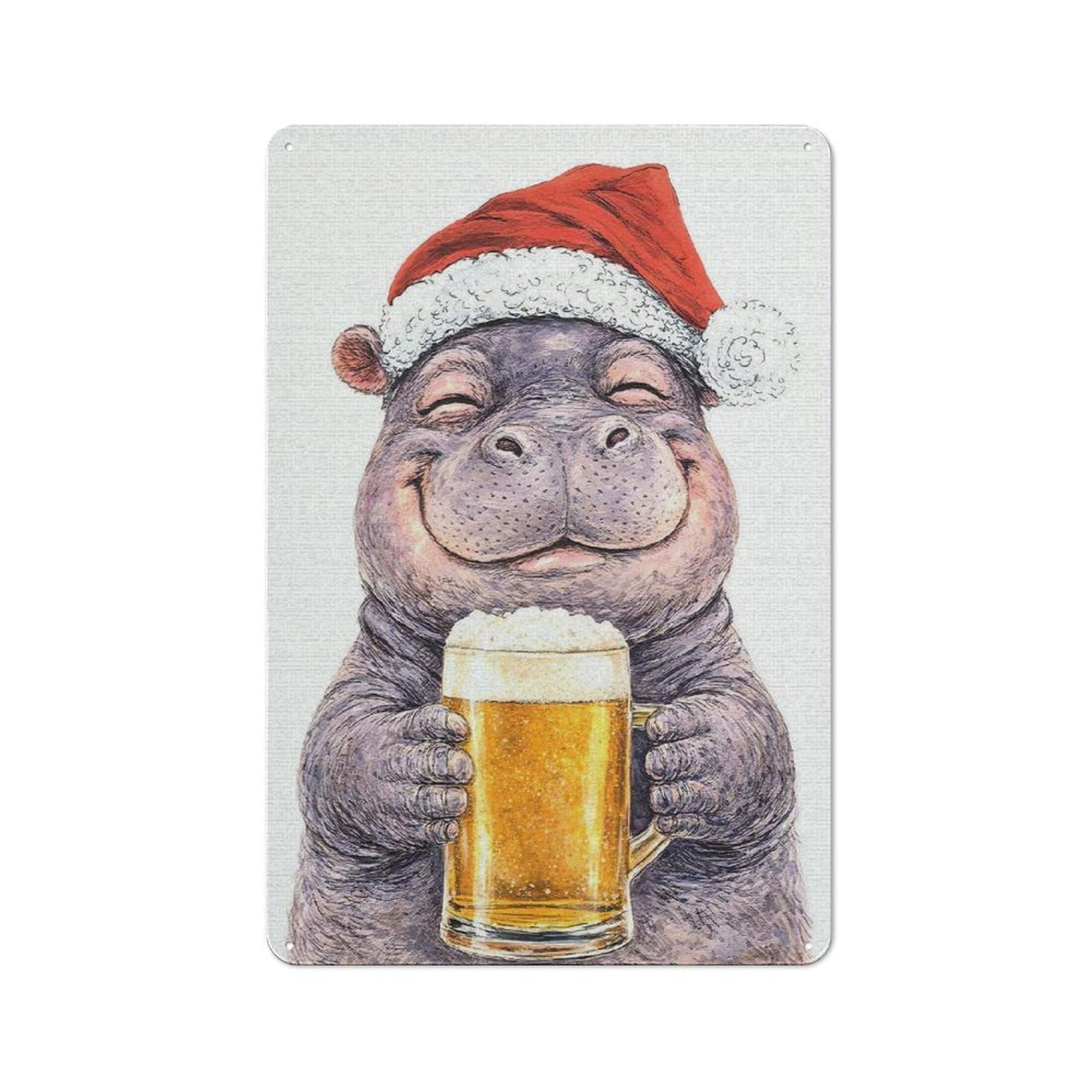 Junmoney Style-24 Industrial Metal Sign With Happy Hippo With Christmas Beer Design 30X20cm, Modern Retro Loft Wall Plaque For Workspace, Cafe, Hallway Or Garage