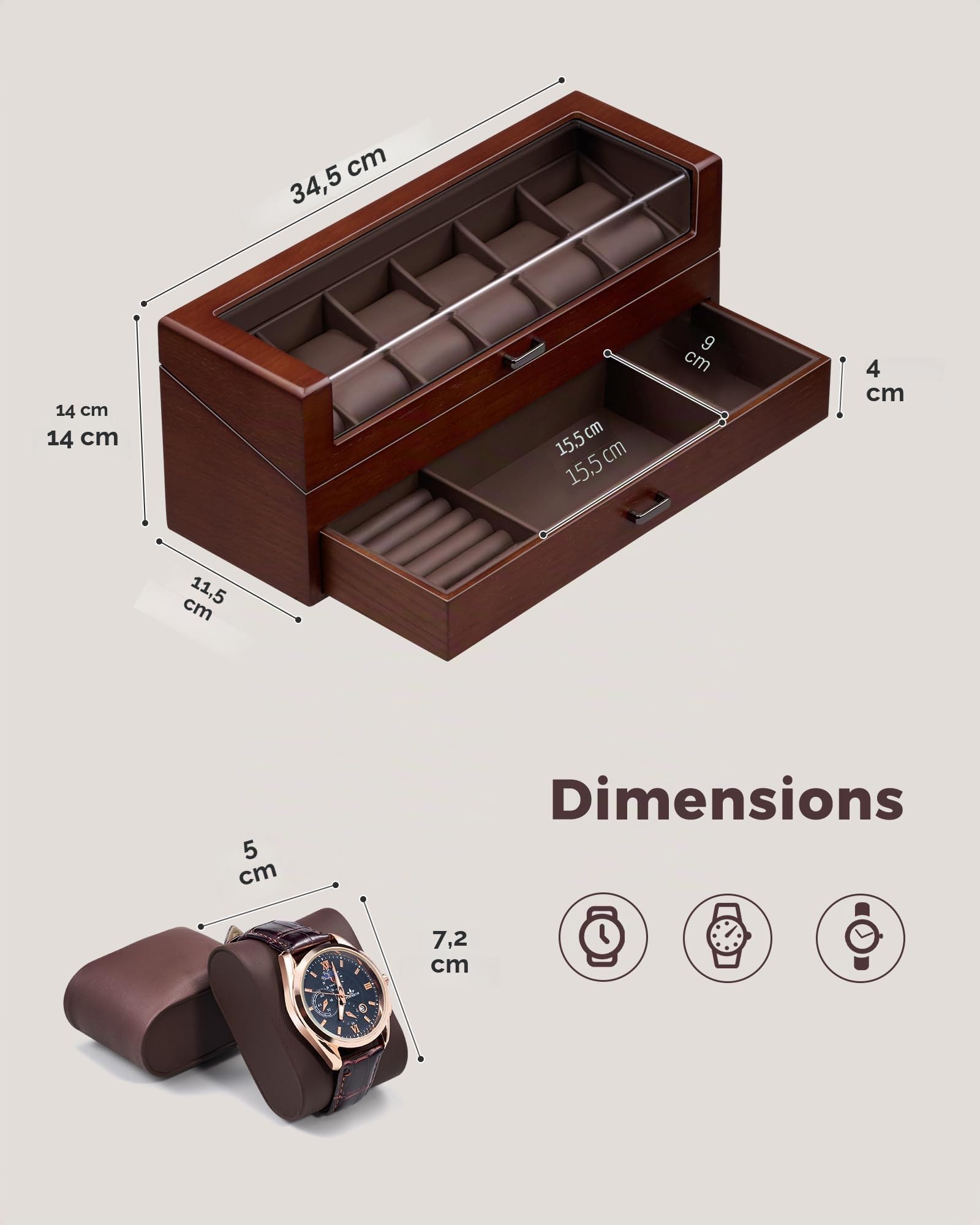 ProCase Coffret Montre Homme en Bois, Boîte à Montre 6 Emplacements avec Couvercle Transparent et Tiroir de Rangement -Noyer