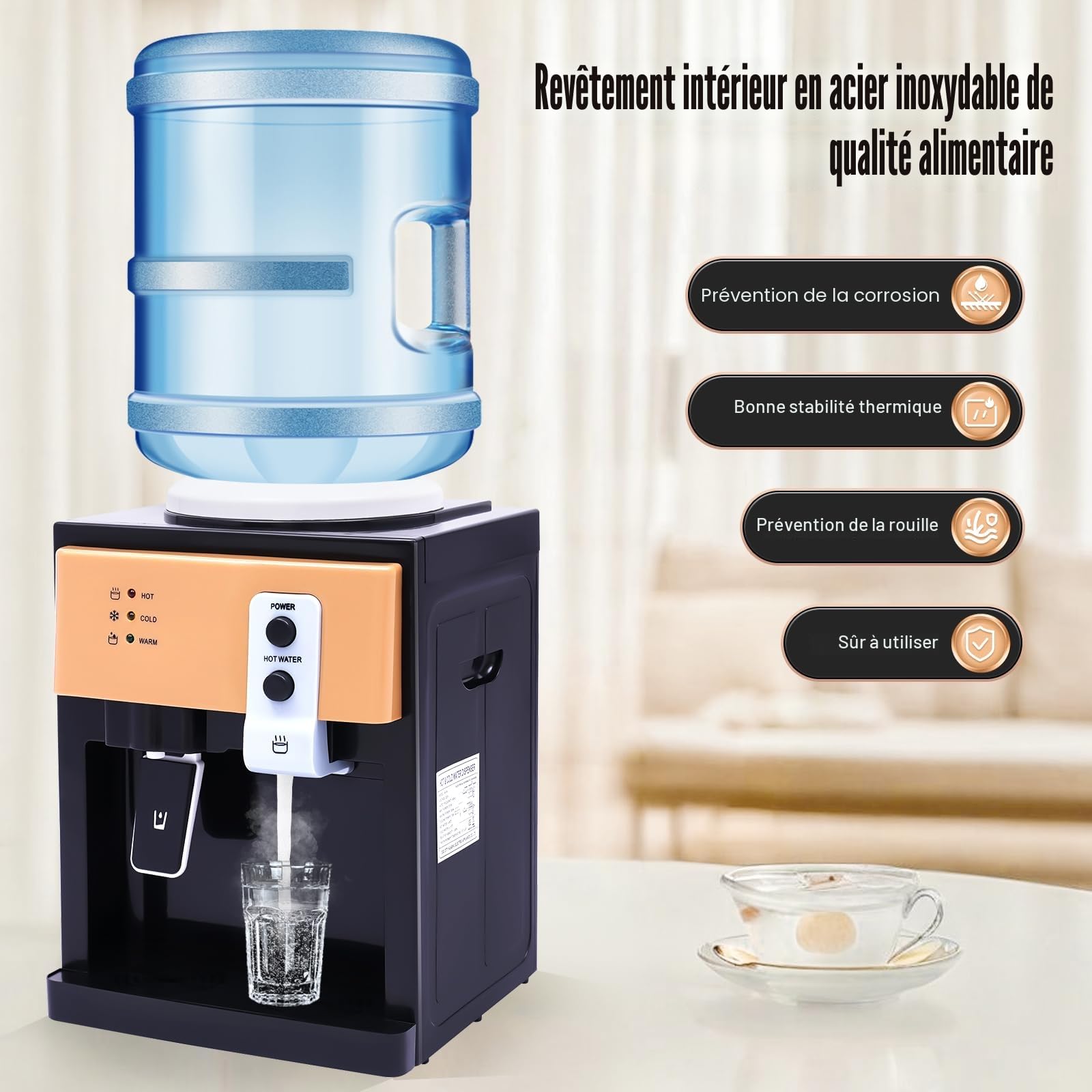 Distributeur d'eau électrique 550 W - Fontaine à eau chaude et froide - 8 à 95 °C - Petit distributeur d'eau de table - Seau de 3,5 à 18,9 l - Revêtement intérieur en acier inoxydable - Pour bureau