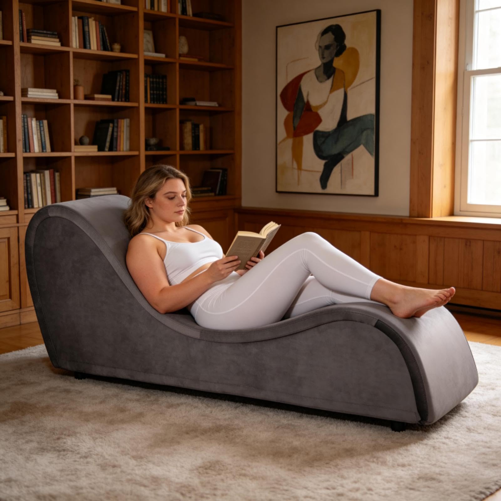 Chaise Lounge Chair with Cover, Heavy-Duty Metal Frame for Exercise, Stretching, Relaxation, Indoor Sport for Living Room(Grey Velvet): Grey