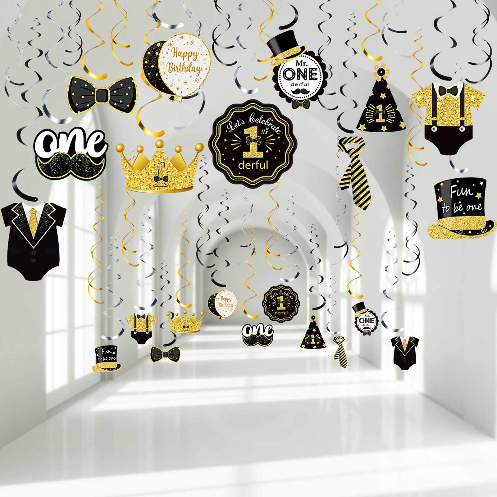 30 Pieces Mr. Onederful Birthday Decorations Glitter Black Gold Hanging Swirls 1st Birthday Party Foil Swirls Ceiling Mustache Toppers Sign Decor for Baby Boy First Birthday Supplies