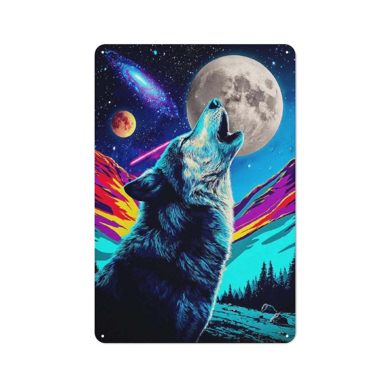 Junmoney Wolf Howling At Cosmic Moon Tin Sign 30X20cm For Workshop Wall, Retro Wall Decor, Suited To Metal Sign Collectors