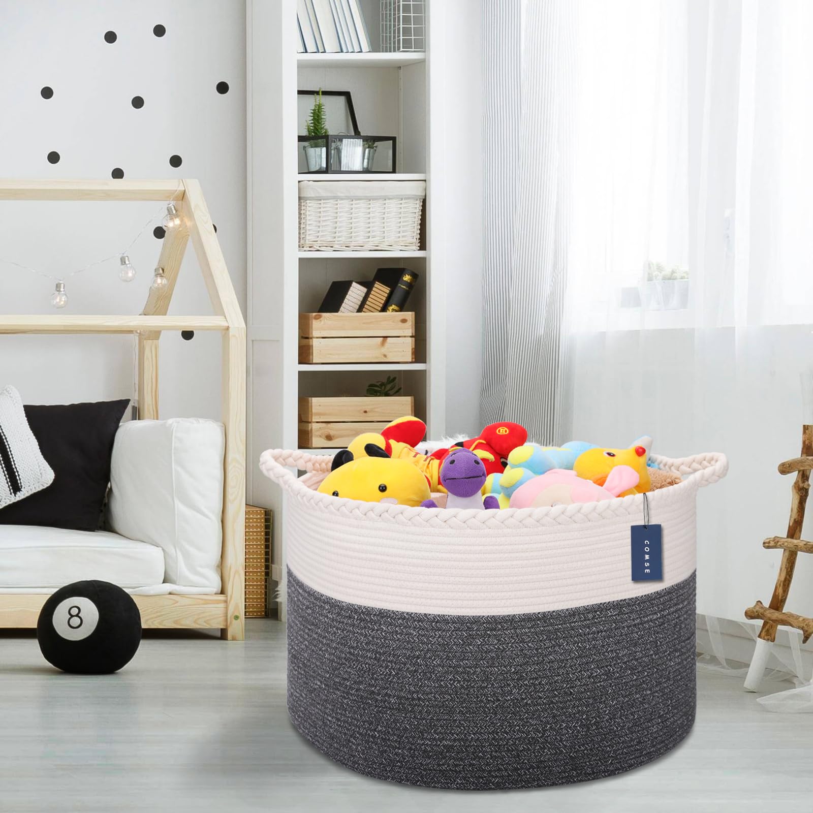 COMSE Cesto extra grande para mantas, cesta de almacenamiento, cesta de cuerda para la colada, 55 x 35 cm, cesta de cuerda de algodón, cesta de ropa XXXL, cestas para ropa, color blanco y negro