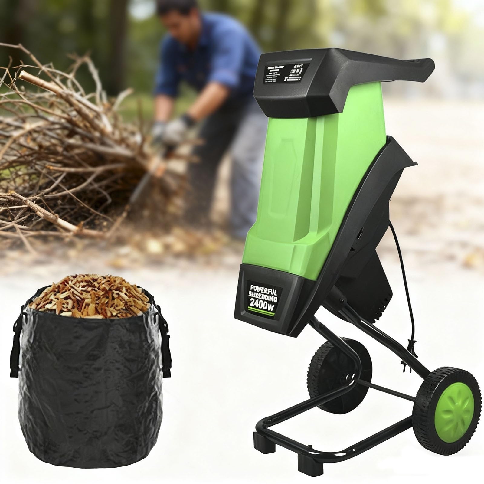 Trituradora de jardín eléctrica,trituradora de madera de 2400W, trituradora de madera con bolsa recolectora de 50L, trituradora de hojas,trituradora de ramas for desechos de jardín
