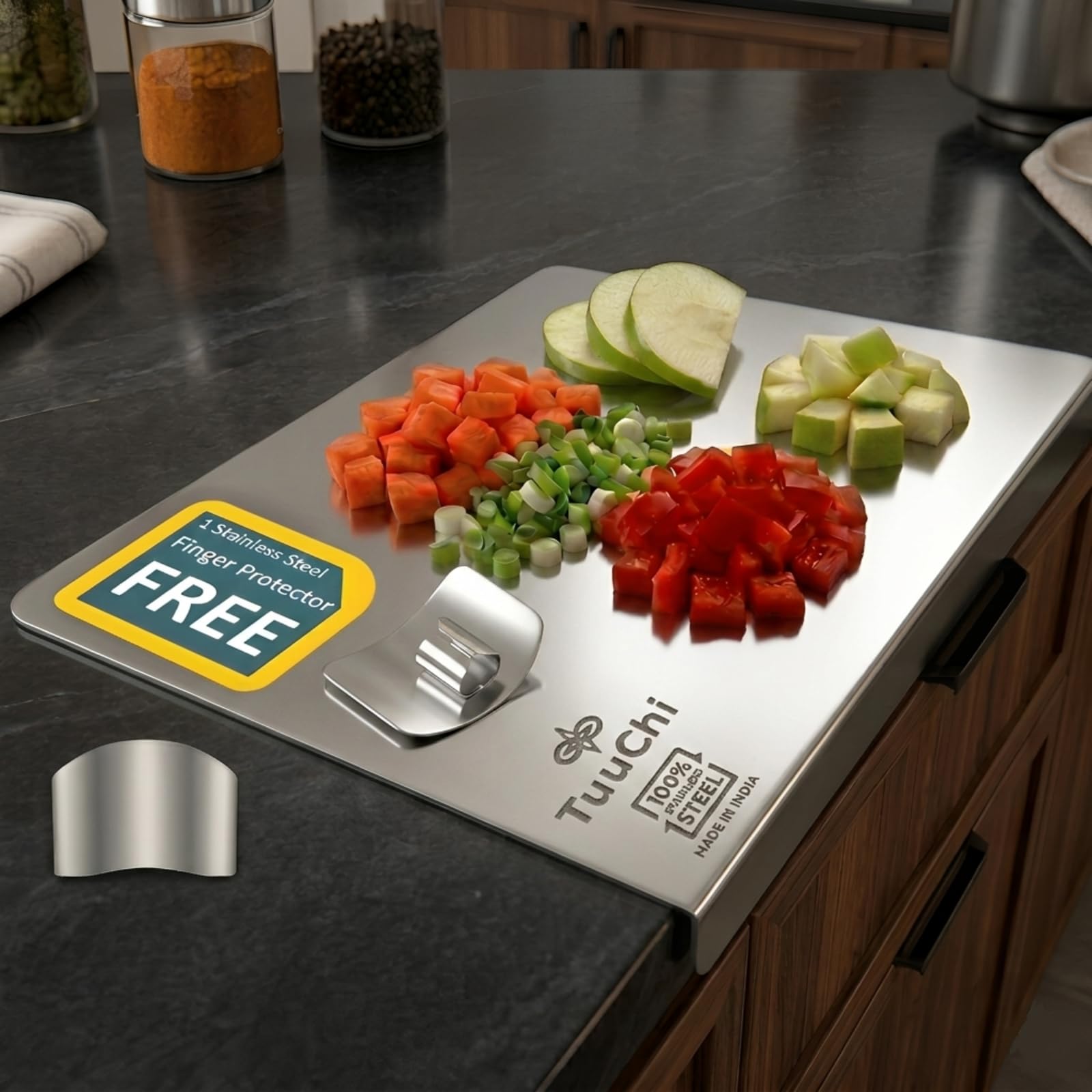 TuuChi Premium Stainless Steel Chopping Board | (41×31cm) Large Counter Top for Kitchen | Free Finger Guard| Multipurpose Food Grade SS Cutting Board for Veggies Fruits, Chapati Rolling| Rust Proof