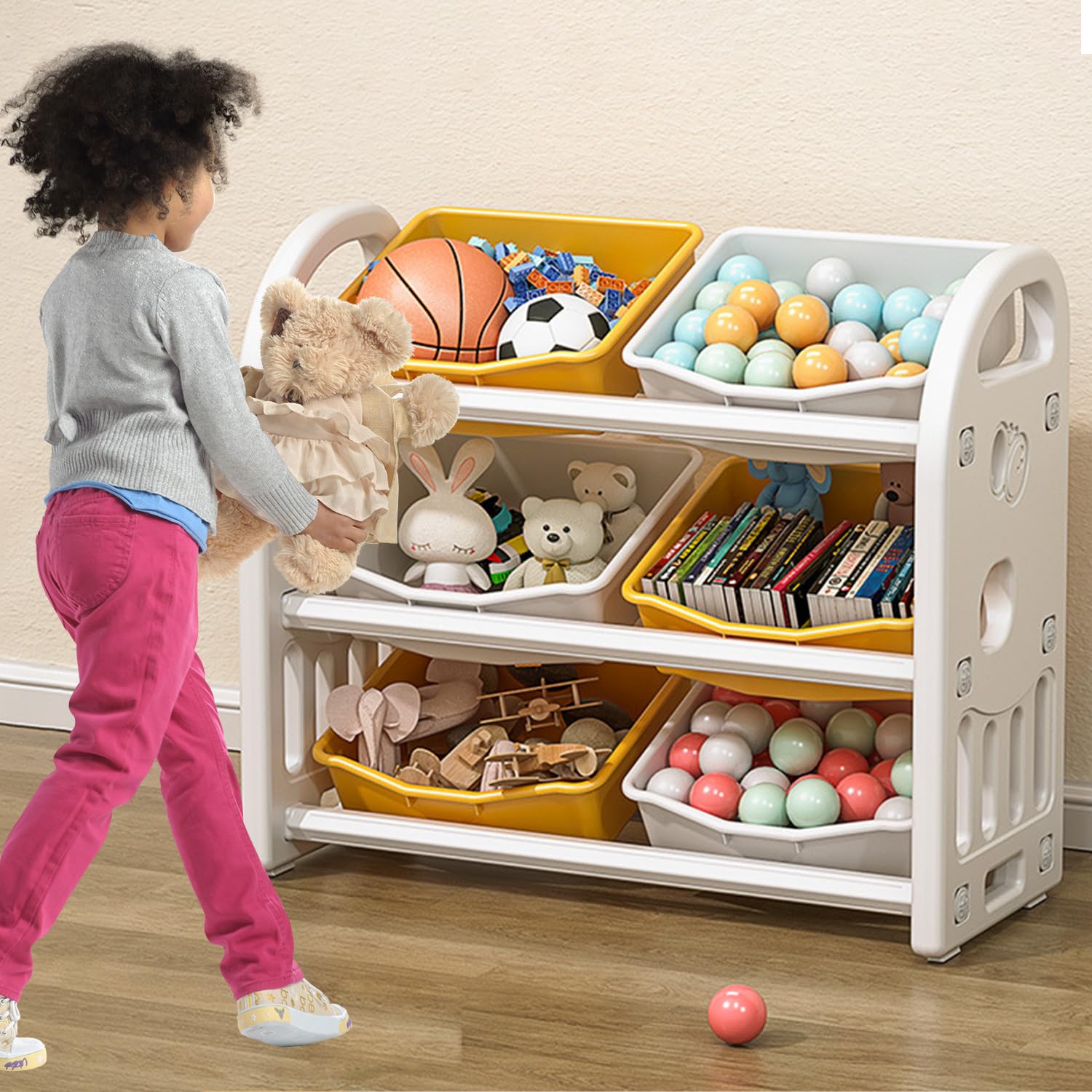 LIODUXToy Storage Organizer with Bookcase, Cubby Bookshelf Toy Storage  Cabinet, Open Multi-Bins Toys&Books Storage Display Organizer for Playroom