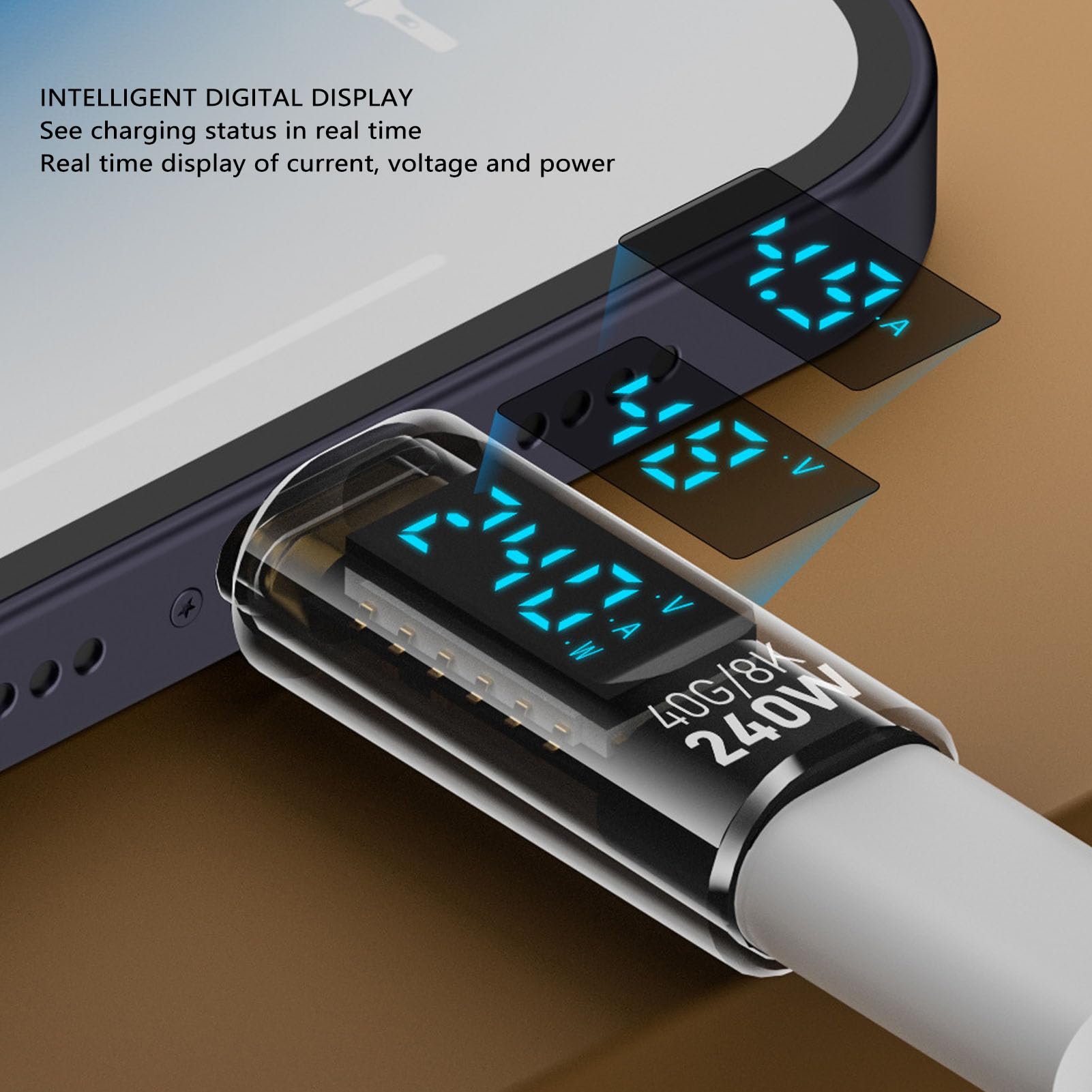 Adapter USB C 240 W Tester Miernika Mocy z Wyświetlaczem Cyfrowym, Adapter Przedłużający USB C Męski na żeński, Tester Miernika Mocy, Wideo 8K 60 Hz, Transfer 40 Gb/s