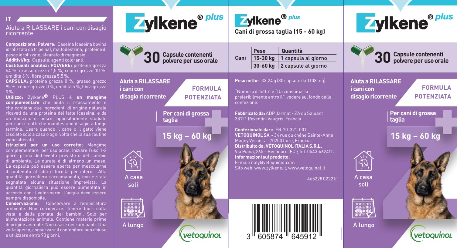 Zylkene Plus Mangime Complementare | Cani oltre 15 kg | Rilassante per situazioni di disagio ricorrente |, 30 Capsule da 450 mg