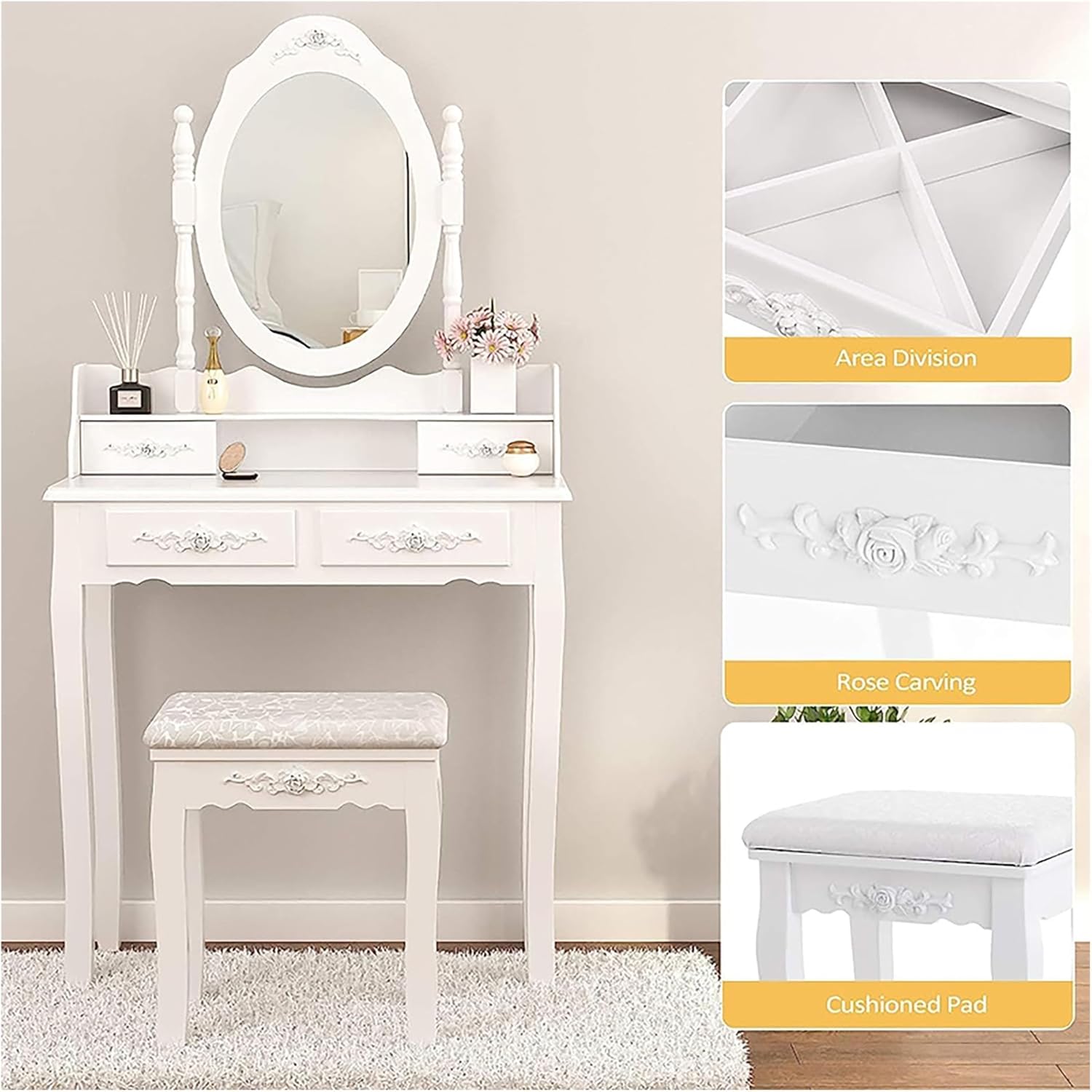 Vanity Table Set with 4 Drawer, Makeup Dressing Table W/Cushioned Stool, Bedroom Furniture Set Oval Mirror