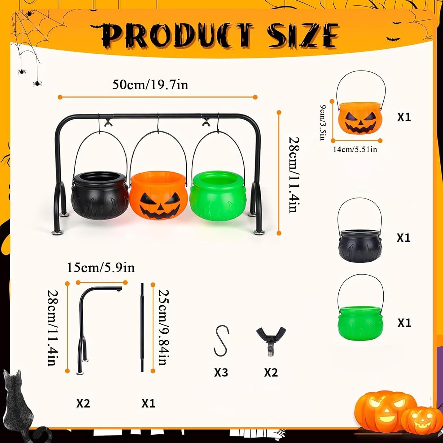 Halloween Cauldrons Serving Bowl Decor, 3 Colors Plasti c Cauldron Candy Bowls Halloween Party Candy Server with Iron Rack for Home Kitchen Table Decor