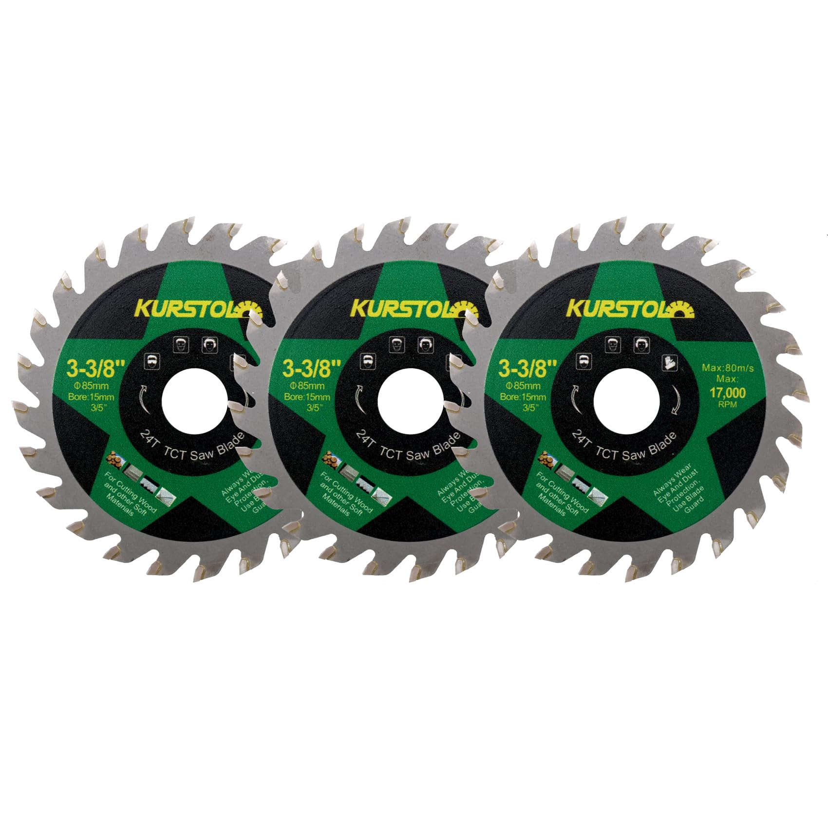 KURSTOL TCT Wood Cutting Disc, 3pcs 85mm x 15mm 24T Carbide Cutting Wheel for Wood Plastic