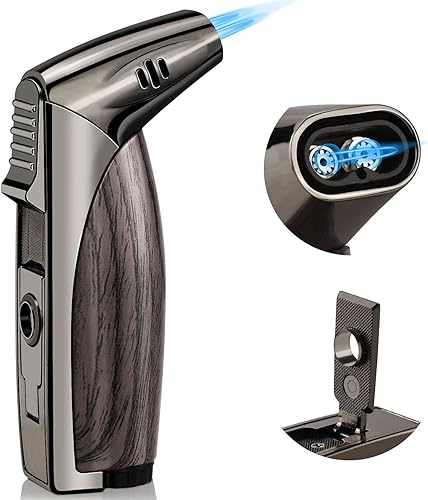 Miniatura 1 de Encendedor de doble llama de chorro, antorcha de butano recargable, encendedor a prueba de viento con punzón para hombres y mujeres con caja de