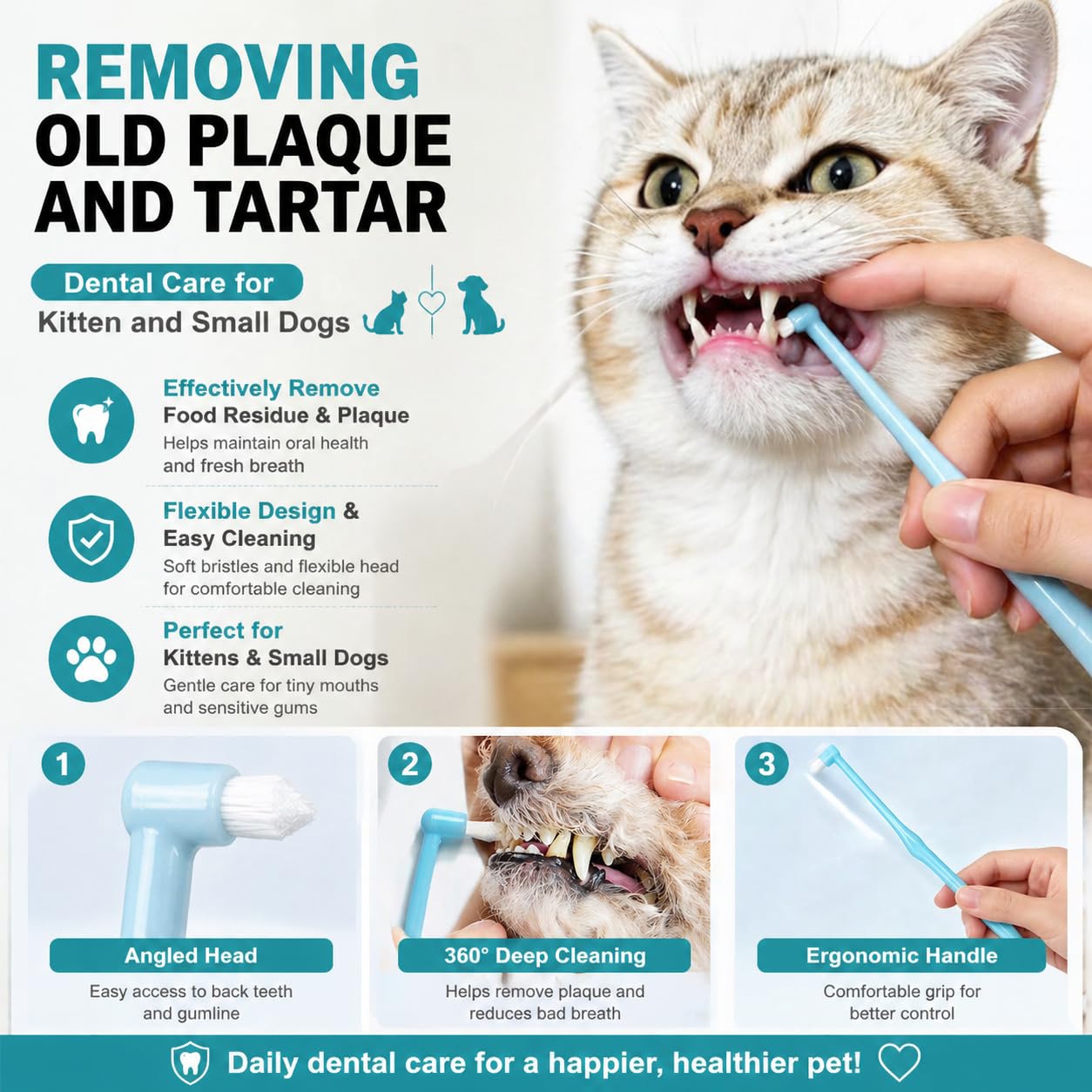 Dog Toothbrush, 360 Degree Finger Toothbrushes, Triple Head Toothbrushes, Double Head Toothbrush,Cleaning Brushes for Dog Cat Oral Dental Health (Blue, L) - image 4