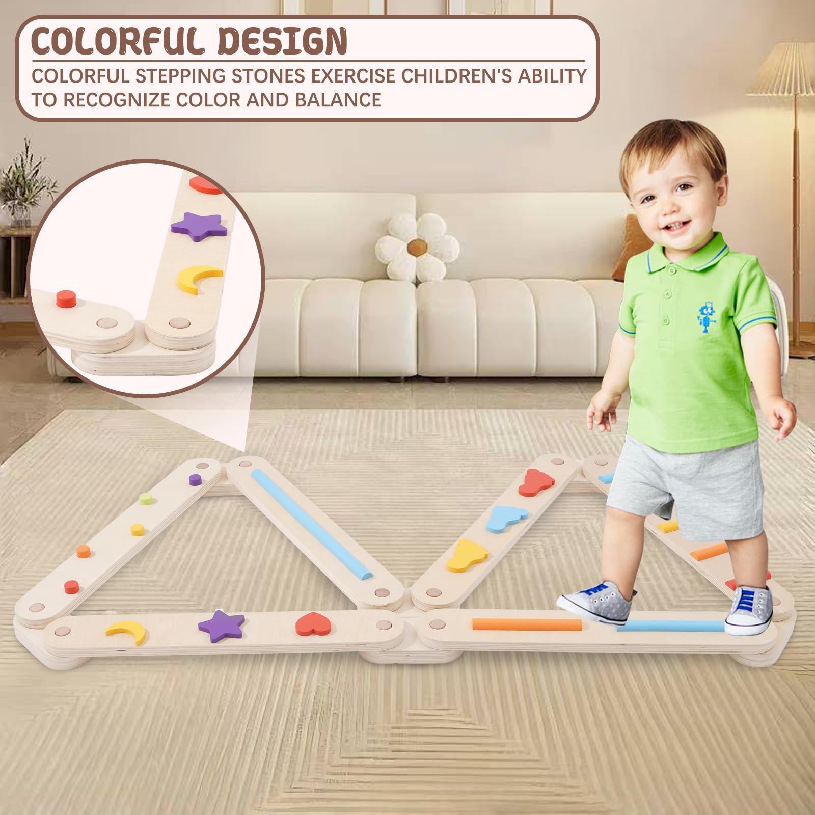 Holz Kleinkinder Schwebebalken Bunte Hindernisstange,Balancierbalken Kinder Montessori Spielzeug für Drinnen und Draußen,Holz-Balance-Board für Kinder für Koordination und Stabilität ab 3-7 Jahren