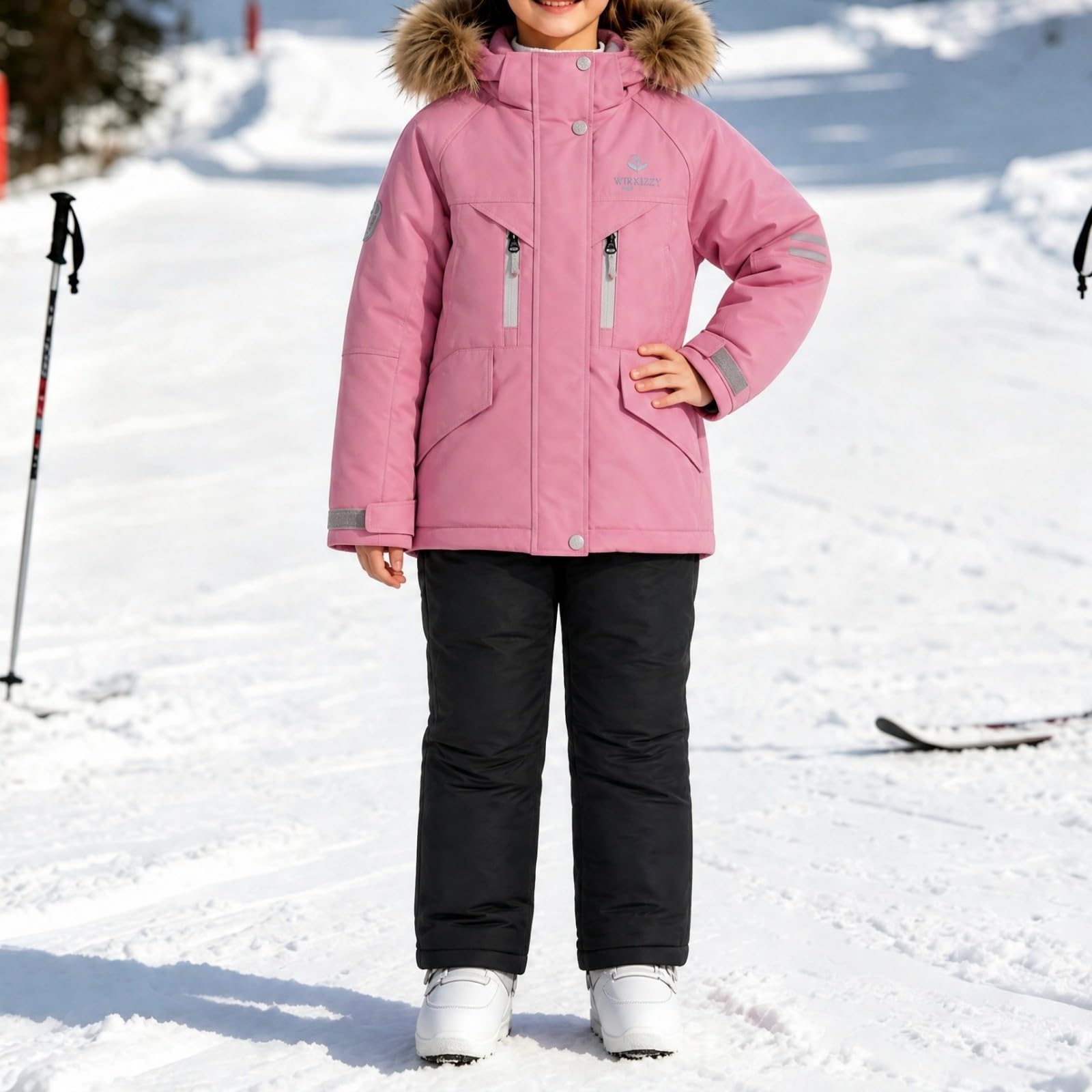 Schneeanzug Mädchen Skianzug Fellkapuze Winteranzug Wasserdicht Skiset