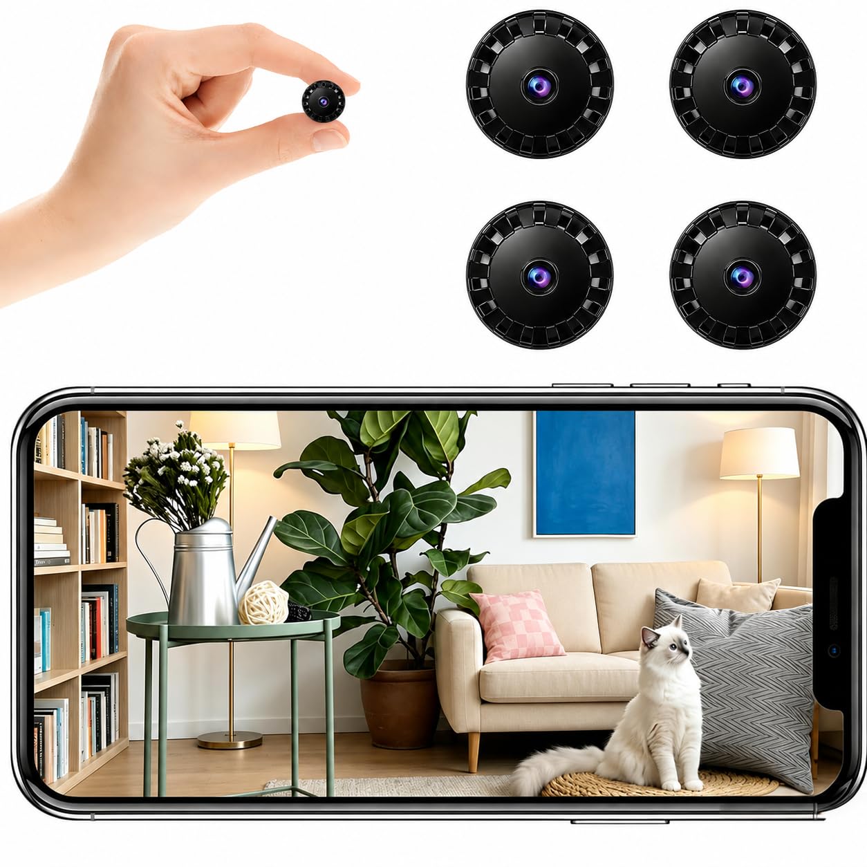 Mini Cámara de Seguridad WiFi, 2026 Mejorada Cámara Oculta para Uso Doméstico, HD 1080P con Visión Nocturna Interior/Exterior para Bebés, Mascotas, Compatible Teléfonos Inteligentes (Black, 4 pieza)