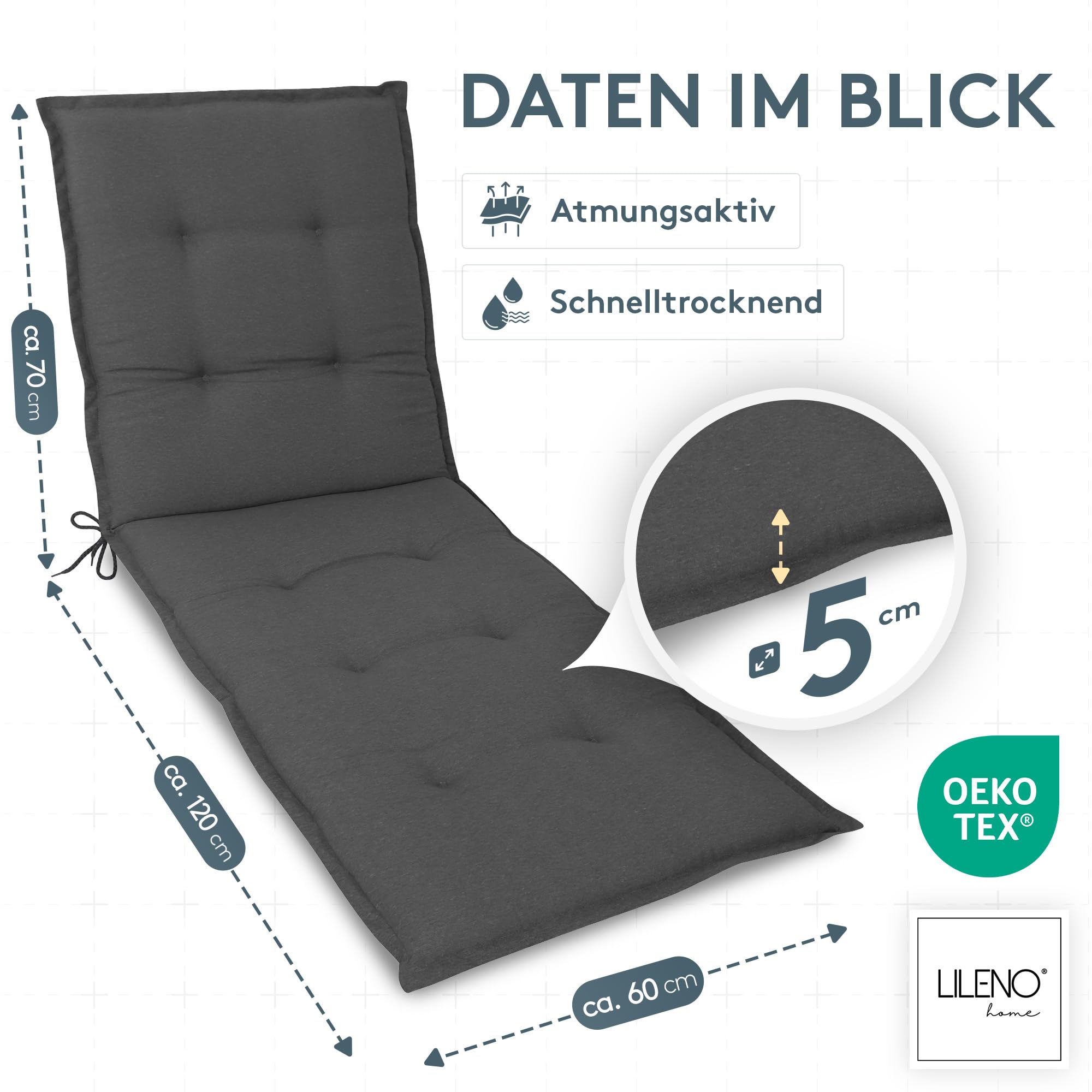 LILENO HOME Sonnenliege Auflage als 1. Set - Rollliege in Uni Anthrazit - Gartenliegen perfekt für Strandliege - Polster Auflage