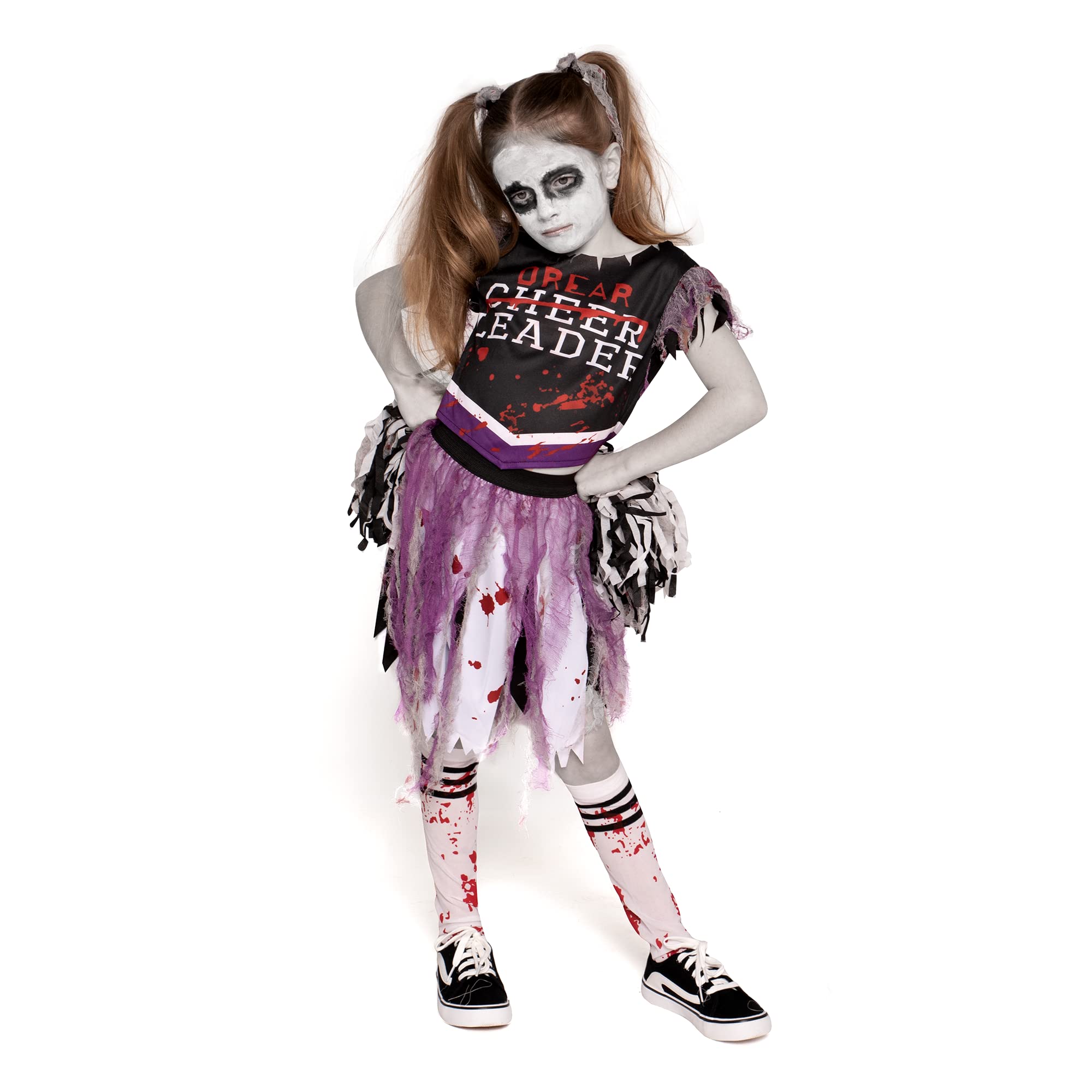Disfraz De Animadora Zombi Para Niña | Halloween Y Carnaval | Incluye Pompones, Medias, Sangre Artificial Y Pintura Facial