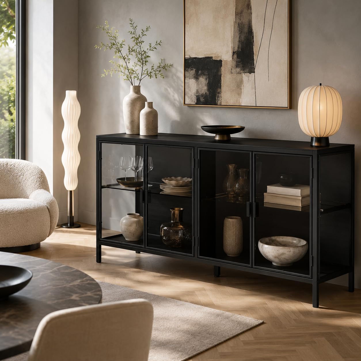 Vetrina nera 40 x 140 x 75 cm con telaio in ferro, 2 ante in vetro, armadio in vetro con strisce luminose a 3 colori, moderna vetrina in vetro per soggiorno