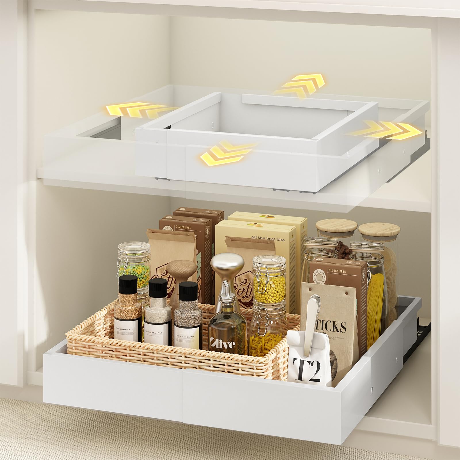 Mointal 2 Pieces Small Telescopic Drawer, 4 Directions Extendable Width 26-41 cm & Depth 33-42 cm, Metal Cabinet Drawer Organizer, Adhesive Tape/Screws Assembly, White