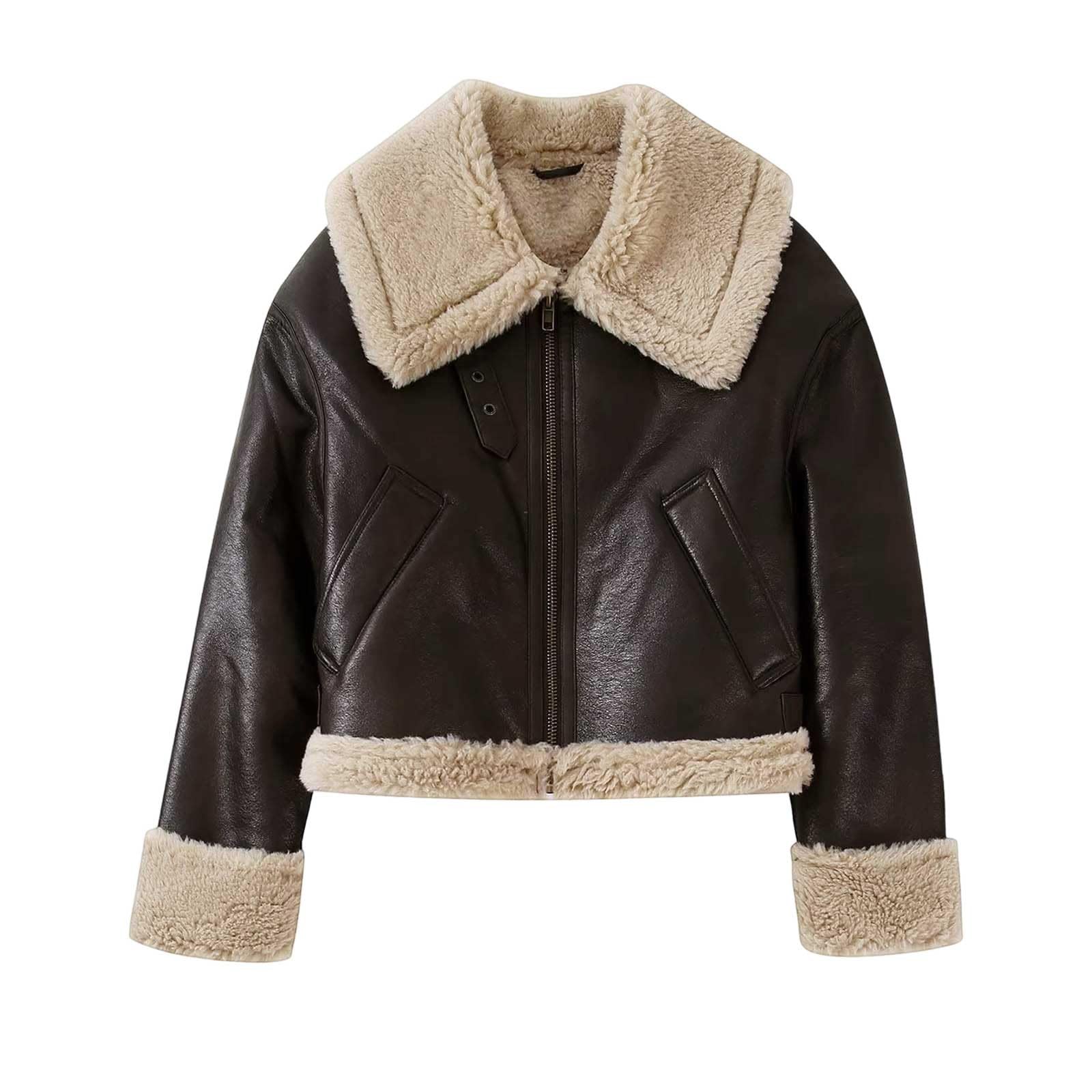 Generisch Veste bomber en cuir synthétique pour femme - Fermeture éclair - Manteau chaud - Vintage - Biker - Vêtement d'extérieur - Veste en cuir polaire - Courte - Pour femme - Revers tendance