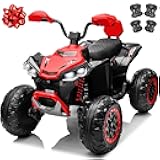 Kids Ride-On Electric ATV, 24V Battery Powered Kids Electric Vehicle 4-Wheeler Quad Car Toy w/19.3 Inch Leather 2 Seat, Kneepads, 5.5mph Max Speed, 4 Spring Suspension, LED Headlights, Music