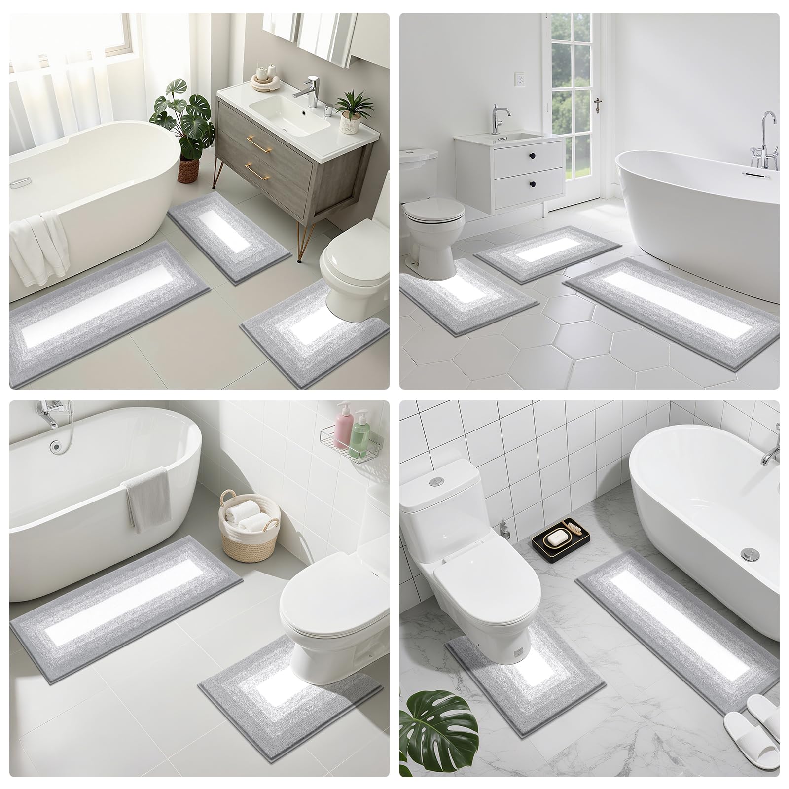 Bsmathom Set di 3 tappeti da bagno antiscivolo e assorbenti, in morbida microfibra a pelo lungo, con contorno a forma di U, lavabili in lavatrice, grigio chiaro