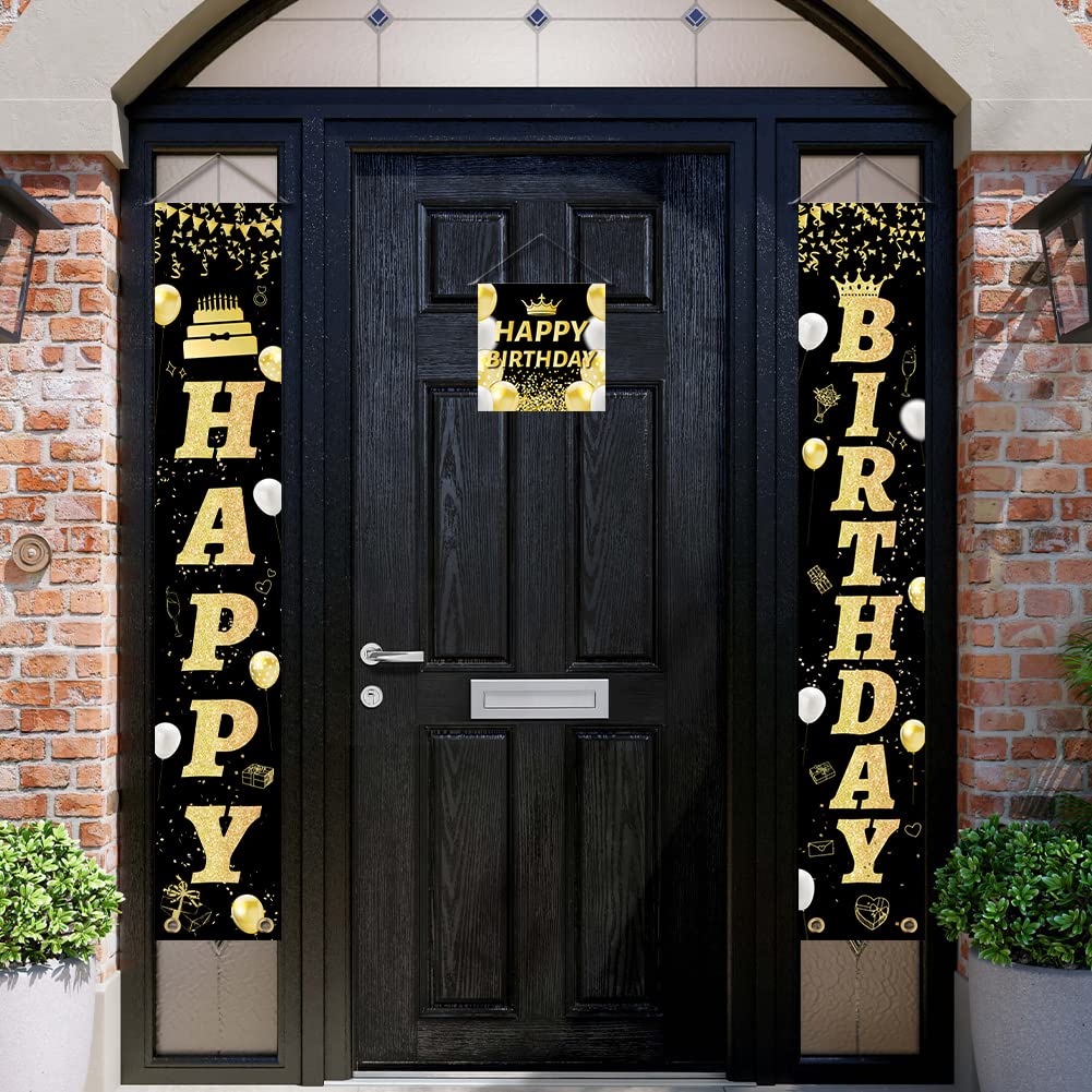 SUPERDANT Buon Compleanno Banner Nero e Oro Appeso Compleanno Portico Cartelli Buon Compleanno Yard Signs Appeso Bandiera Distico Porta Unione Bandiera Appesa per Decorazioni per Feste