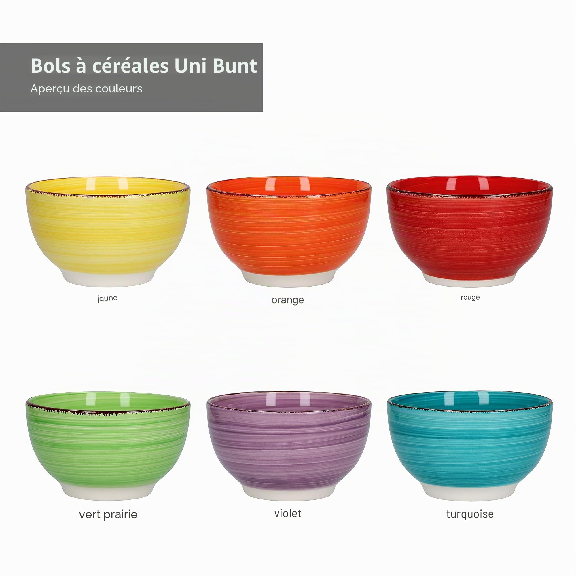 Ensemble de 6 bols à céréales Bol de service uni coloré 650 ml Bol à dessert en grès plats glaces salades de fruits snacks petit-déjeuner buffet