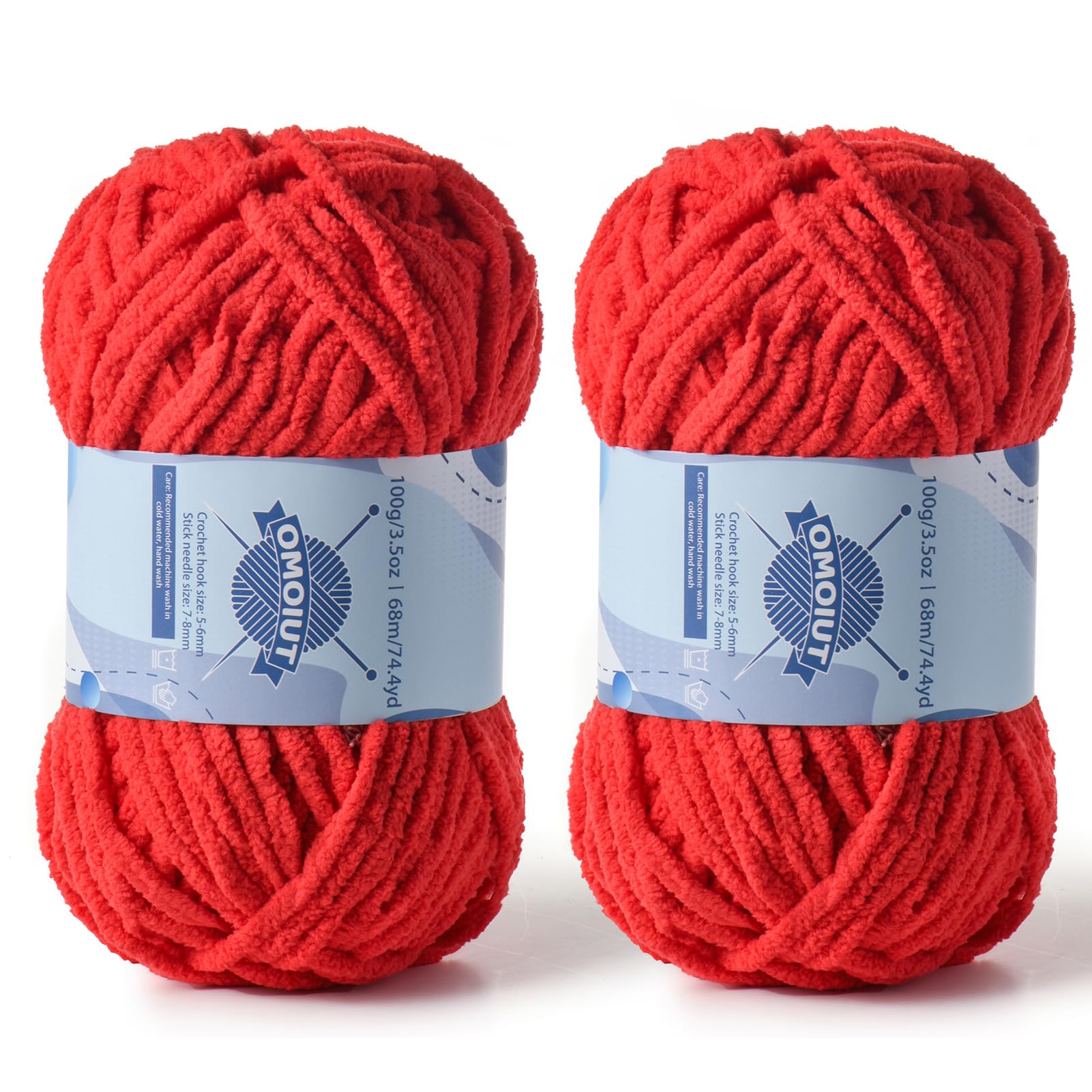 2 Pack Chunky Chenille Yarn for Crocheting, Baby Yarn for Crocheting Soft Blankets, Bulky Yarns for Crochet Amigurumi, 200g (148.7yds) Fluffy Velvet Yarns for Hand Knitting (2 Bright Red)