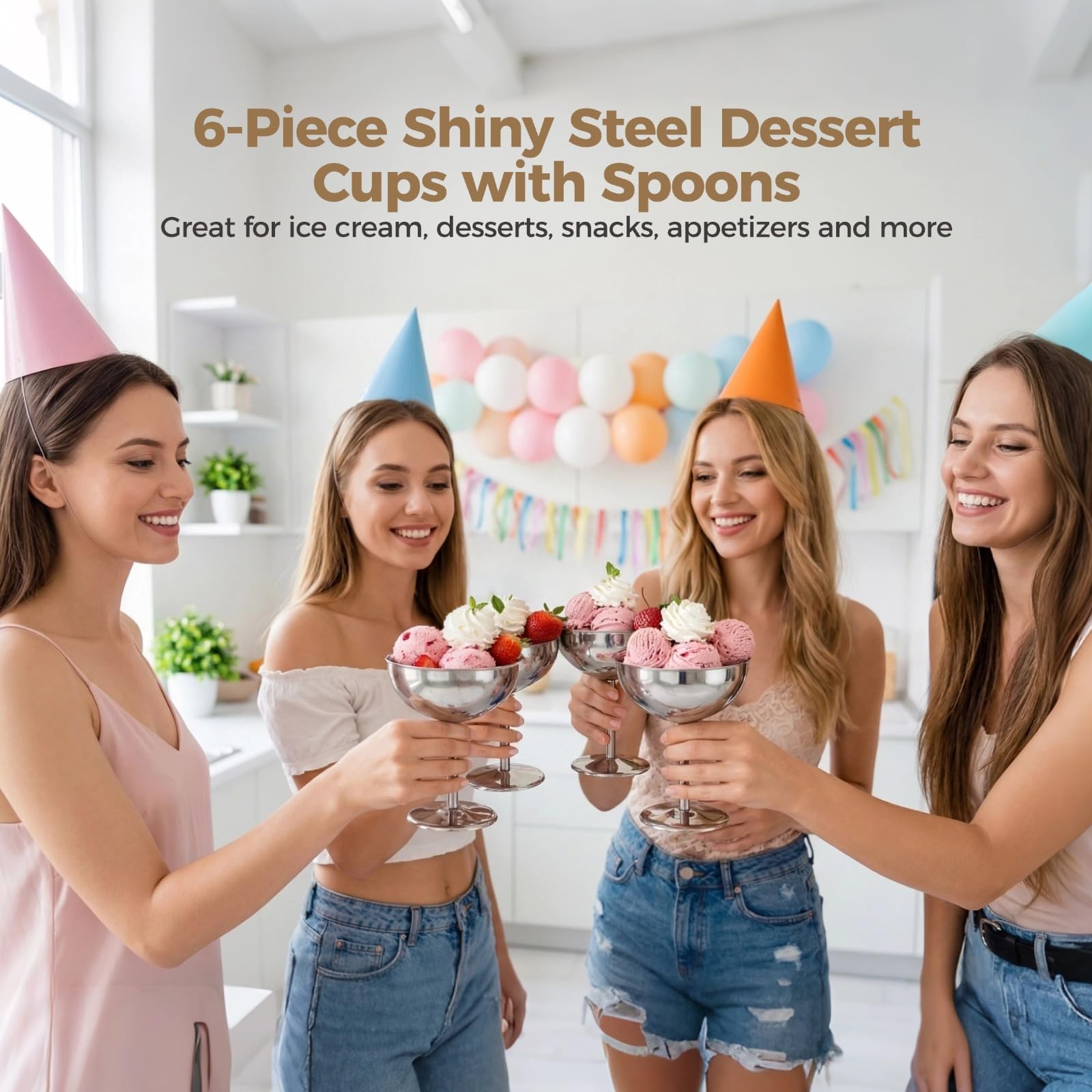 6 Stk. Eisbecher aus Edelstahl mit Löffeln, 6,8 Fl Oz Dessertschalen mit hohem Stiel, silberne Metalldessertbecher für Partys, Bankette, Familienfeiern und Restaurants