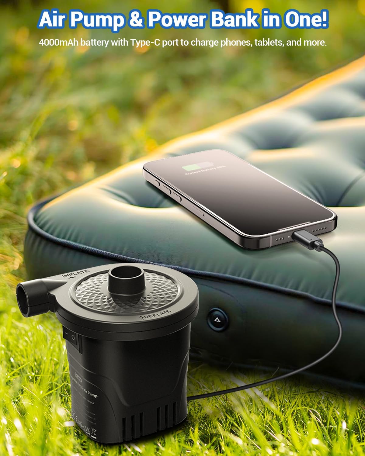 Dr.meter Air Pump for Inflatables, Rechargeable 4000mAh Battery Air Mattress Pump - Portable Quick-Fill Inflator Deflator for Outdoor Camping Inflatable Pool Float Boat Raft Yoga Ball Swim Ring Airbed - Image 4