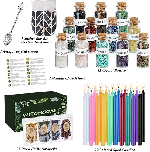 Miniatura 2 de JUSTASHOW 61 piezas de suministros de brujería para hechizos wiccanos, kit de iniciación de brujería, velas de hechizo, cristales de hierbas secas,