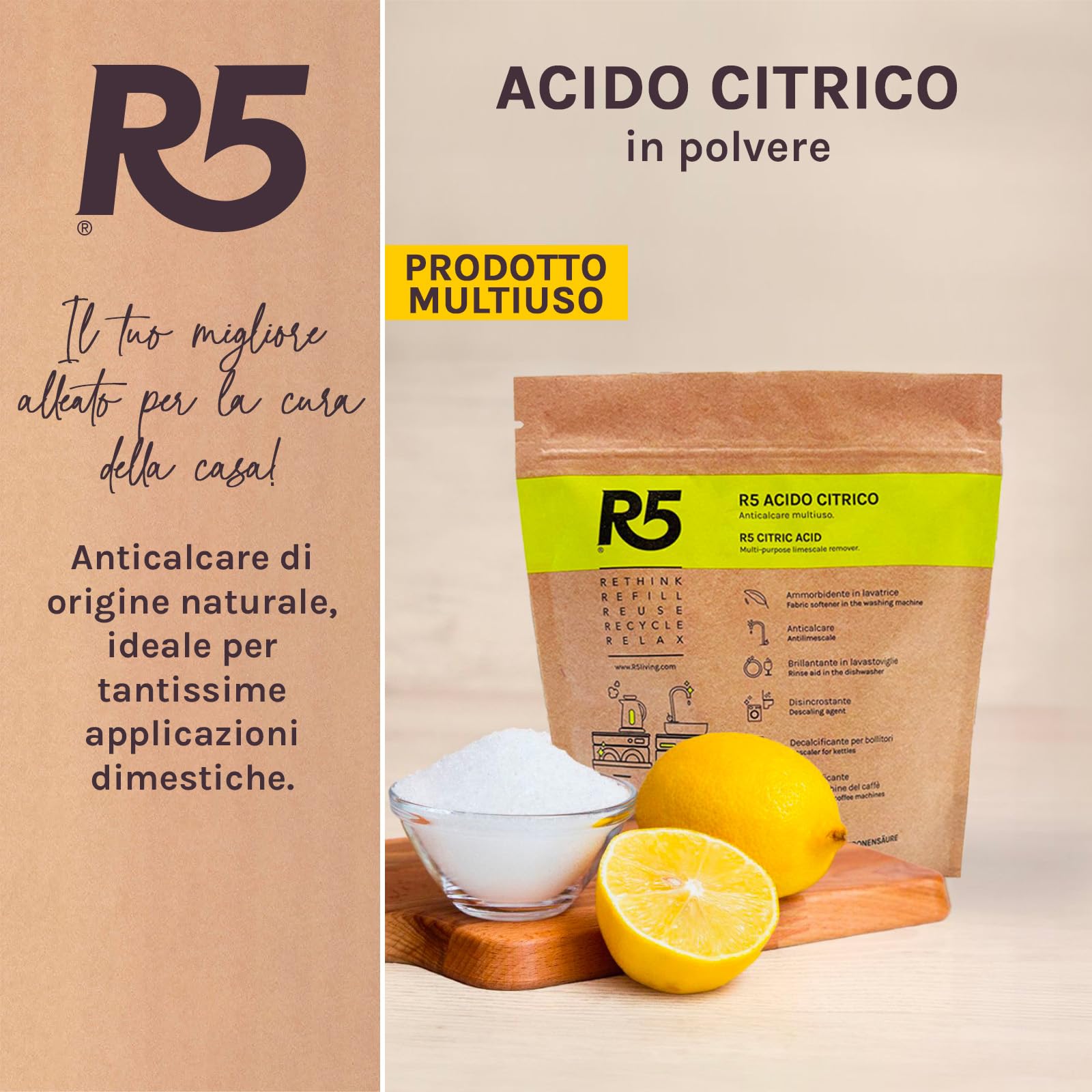 R5, Acido Citrico in Polvere, 1Kg, Anticalcare Multiuso, Disincrostante, Brillantante e Ammorbidente, Inodore
