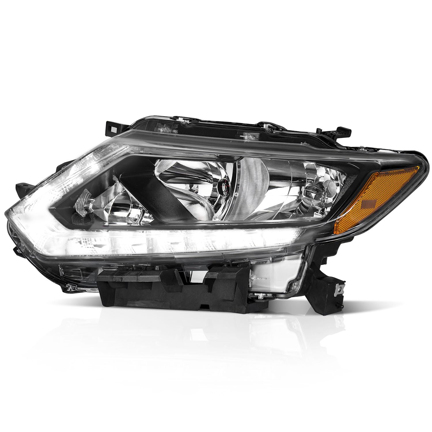 WEELMOTO Headlights Assembly for 2014-2016 Nissan Rogue Headlamp Replacement with LED DRL Strip Black Housing Amber Reflector Left Side (NOT FOR FACTORY LED MODELS & DRIVER SIDE ONLY)
