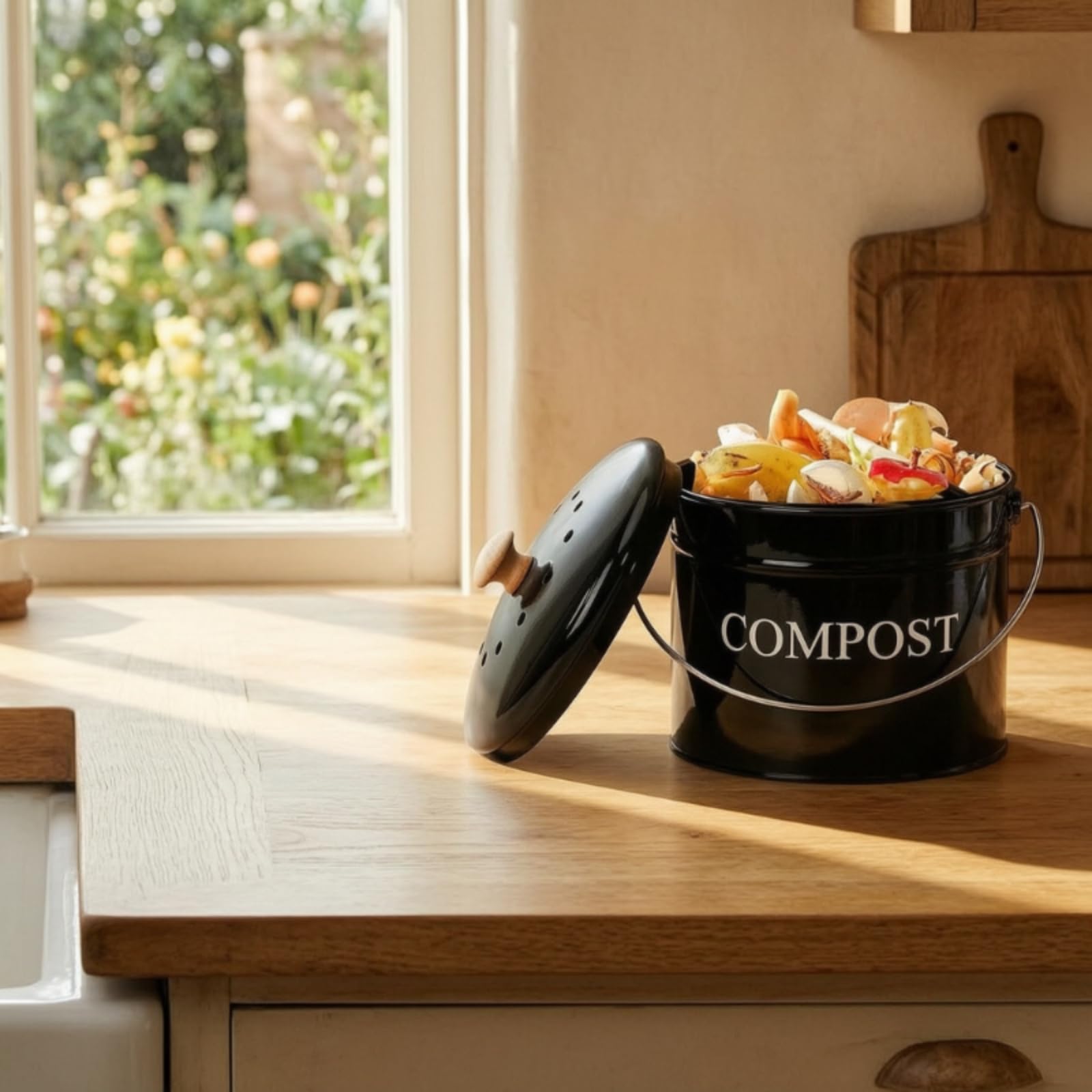 Composteur de Cuisine Composteur Compost Bin Seau Poubelle à Compost Seau de Comptoir avec Couvercle à Aération et Filtre à Charbon pour Contrôle des, Array, Noir