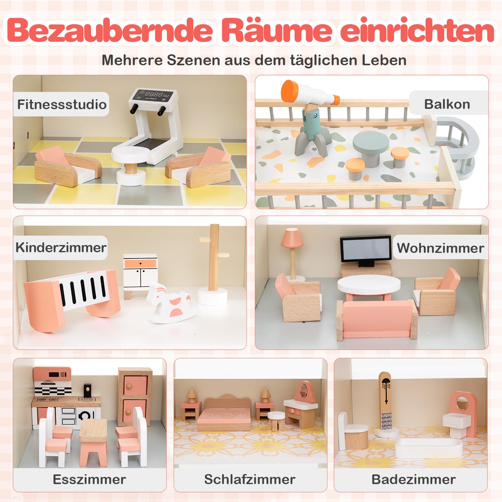 YUENFONG Houten Poppenhuis XXL 3 Verdiepingen - 60 × 23,7 × 70 Cm Met Meubels En Accessoires