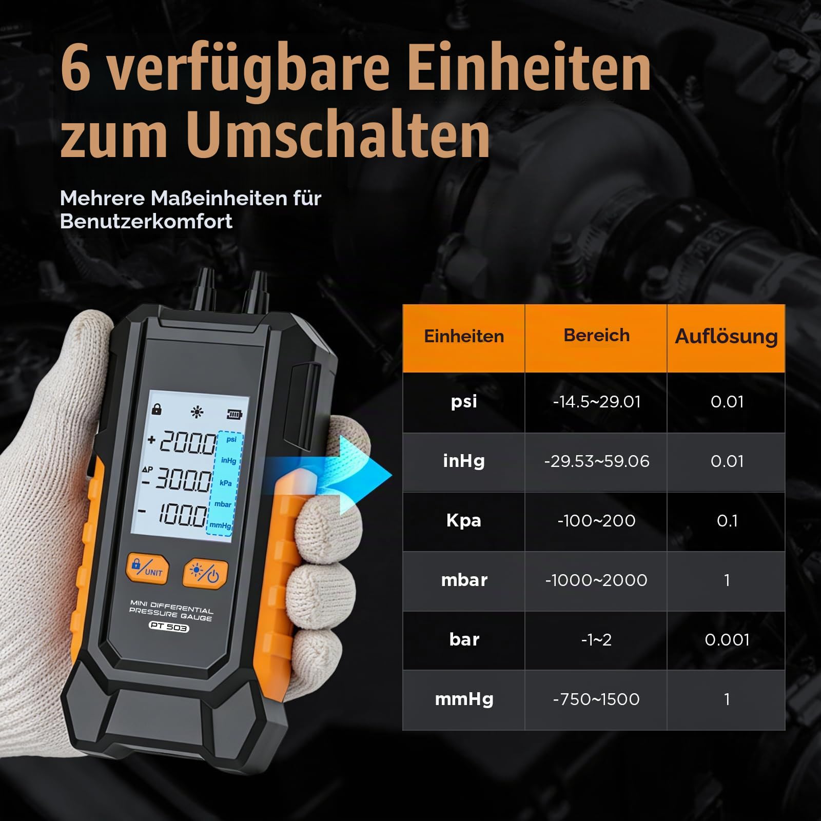 Digitales Differenzdruckmessgerät, -101-200 kPa Manometer ±0,5% FS Hochpräzises Gasdruckmesser 6 Einheiten Schalter Luftdruckmesser, Datenhaltefunktion Mini Differential Pressure Gauge