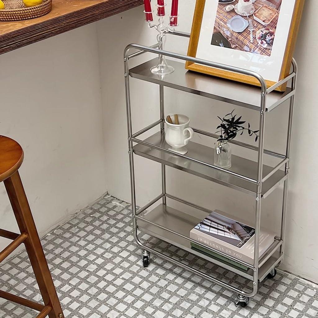 Rolling Kitchen Island Koszyk z miejscem do przechowywania, wózek użytkowy ze stali nierdzewnej na kółkach, mobilny wózek do baru kawowego do jadalni i salonu