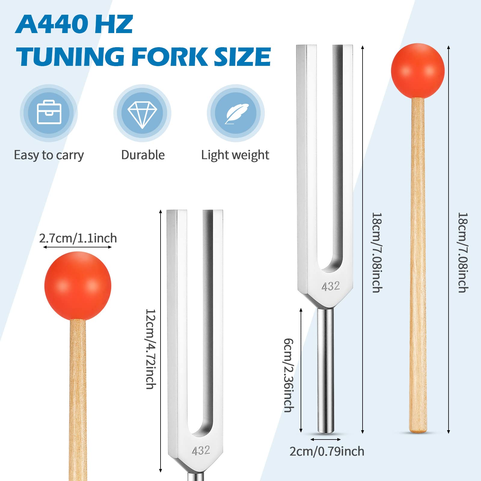 Diapason, 432 HZ Diapason en alliage d'aluminium Ensemble d'outils de thérapie sonore de marteau en bois Diapason, 432 HZ Diapason en alliage d'aluminium Ensemble d'outils de thérapie sonore de marteau en bois