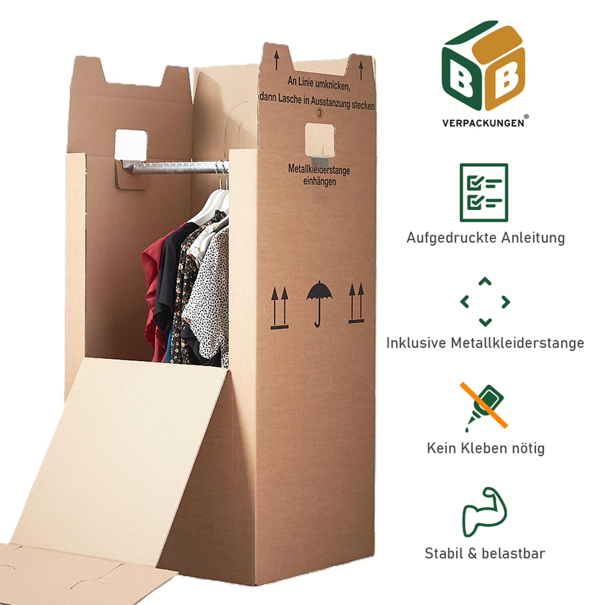BB-Verpackungen 4x Kleiderbox MINI 612 x 522 x 1020 mm 2-wellig (4 Stück) - praktischer Kleiderkarton mit Metallstange, einfach aufzubauen und 40kg Traglast